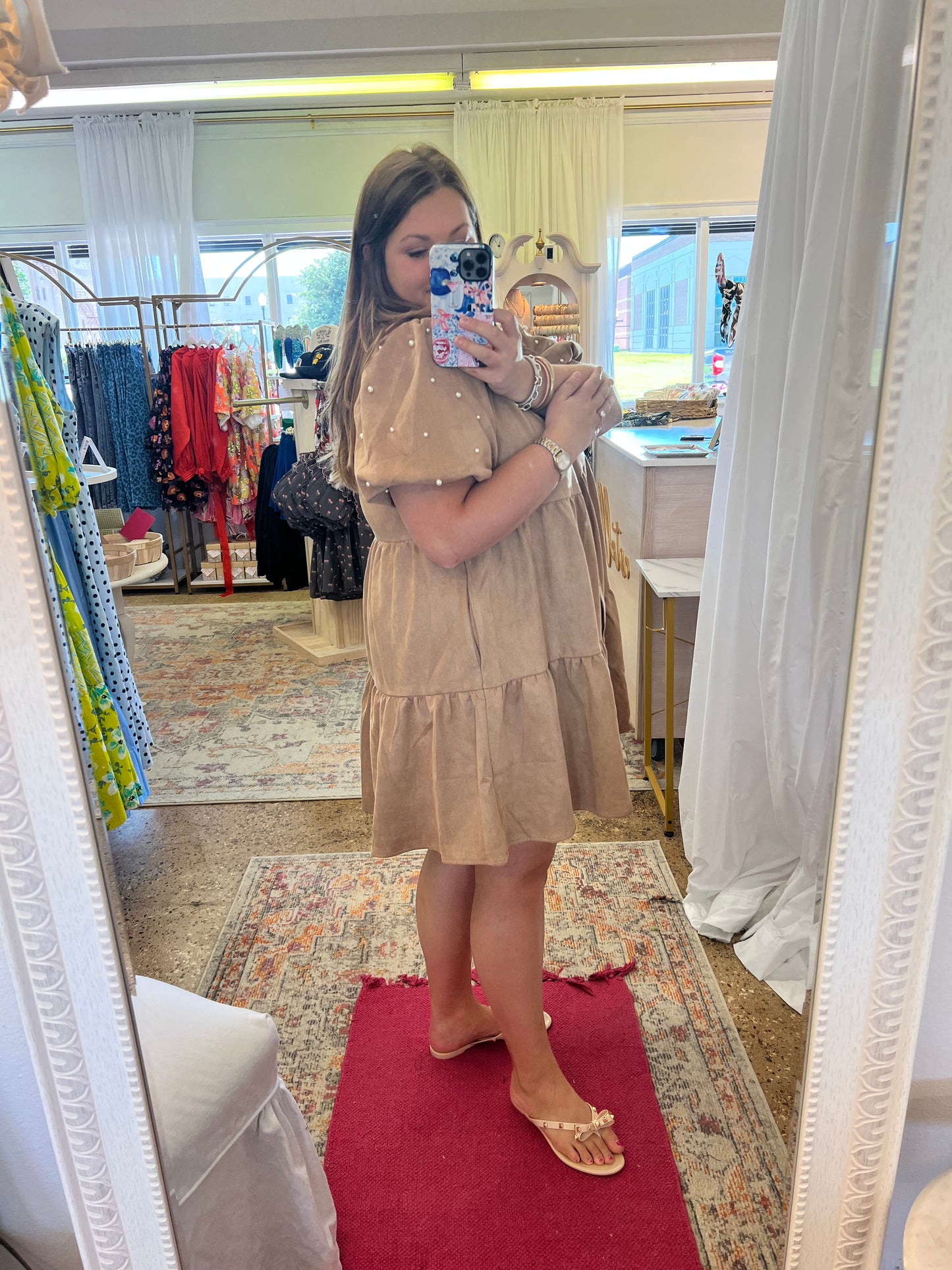 Suede Texture Pearl Sleeve Mini Dress