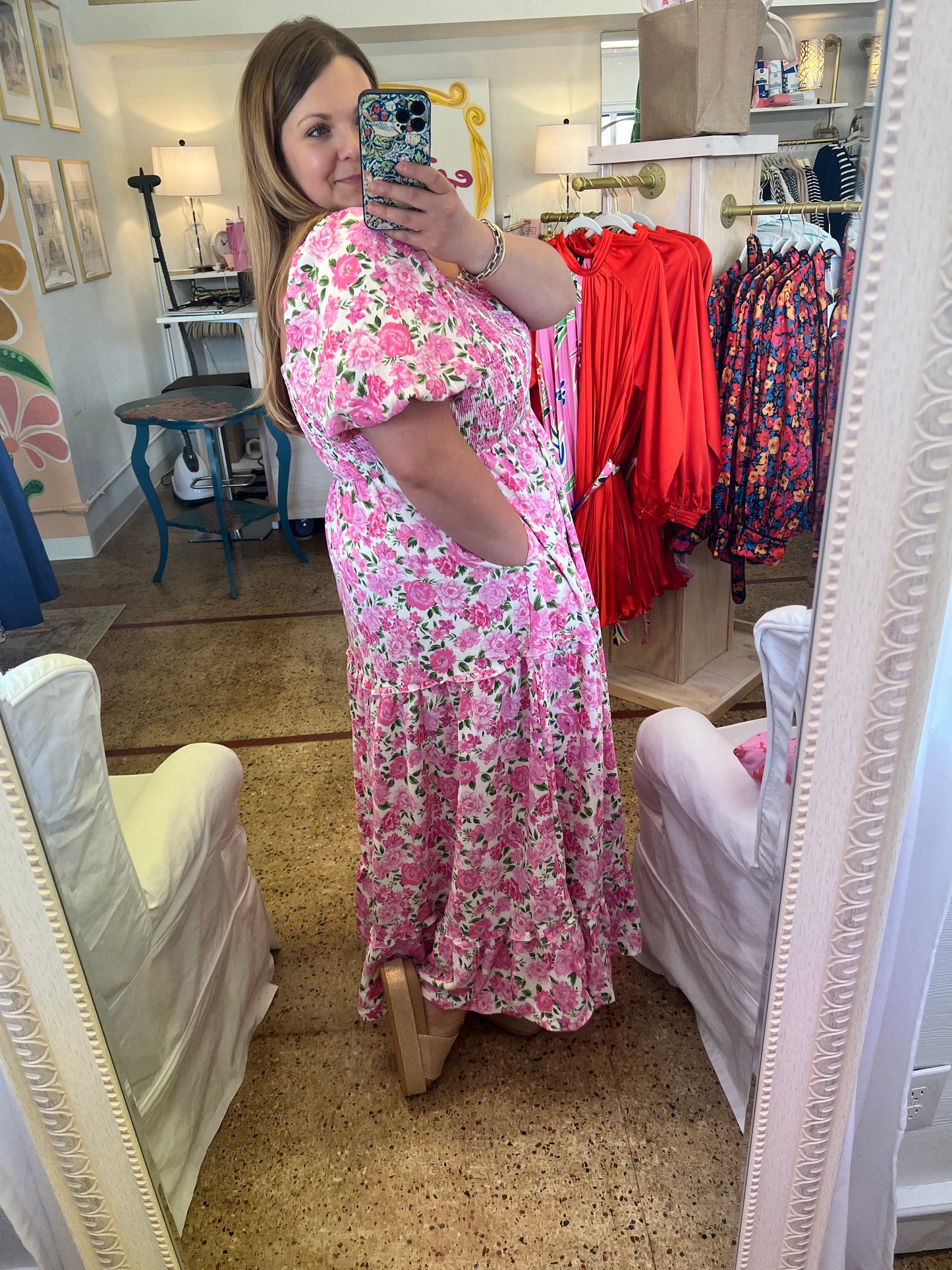 Plus Pink Floral Smocked Maxi