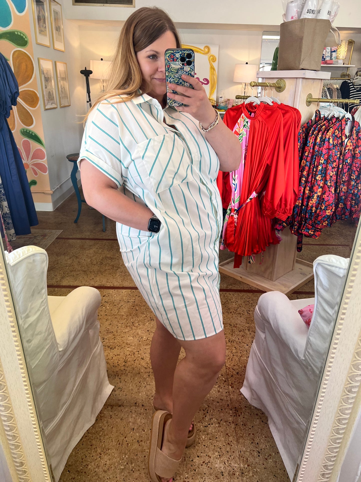 Green Stripe Mini Shirt Dress