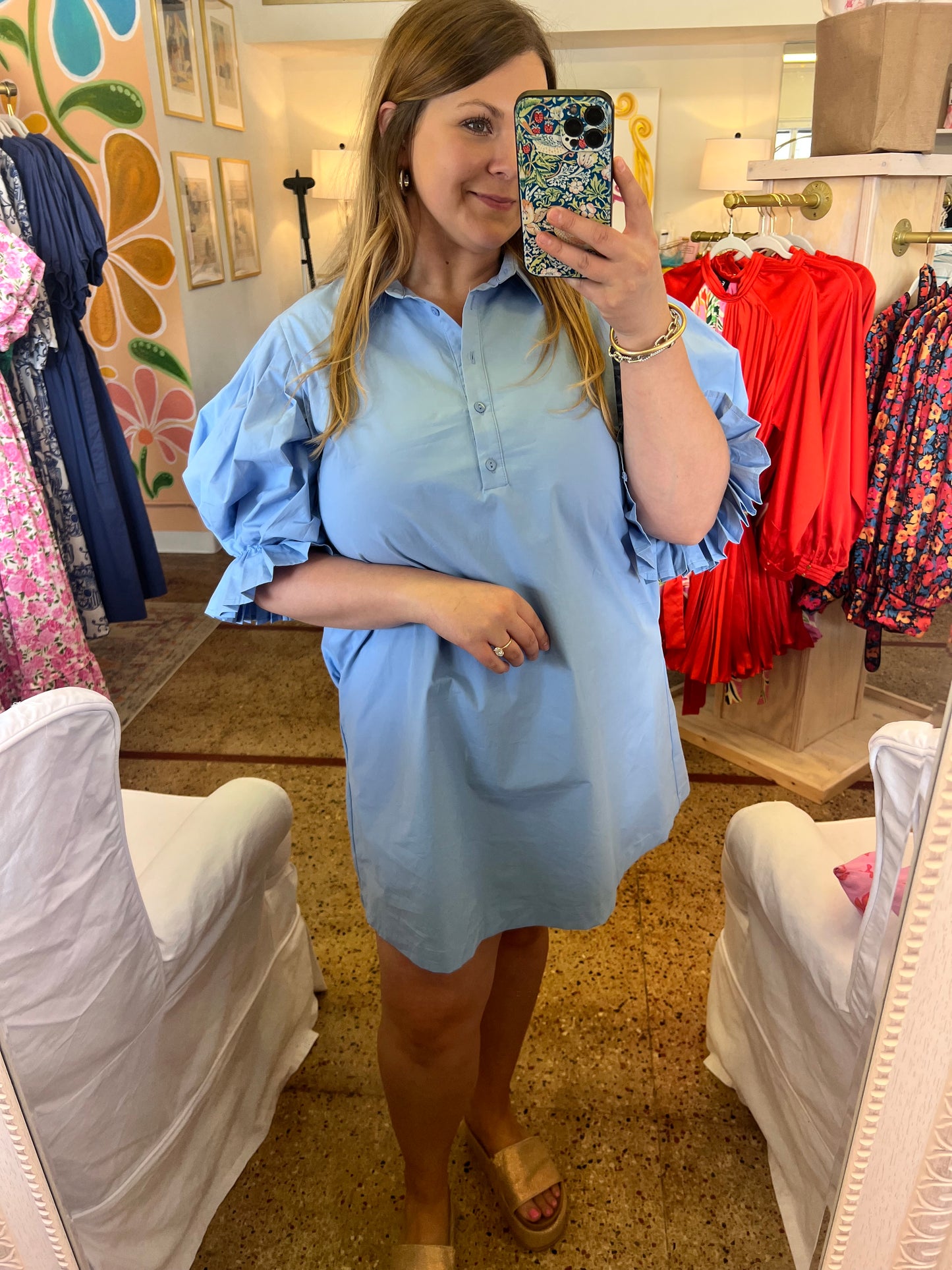 Poplin Pleated Sleeve Shirt Dress