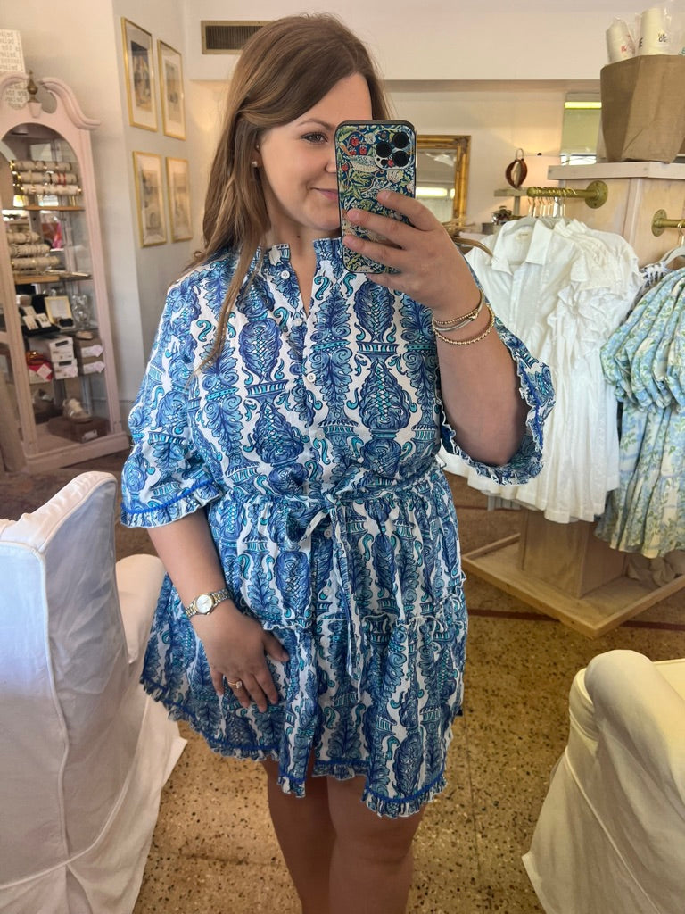 Navy Aqua Blue Ruffle Dress