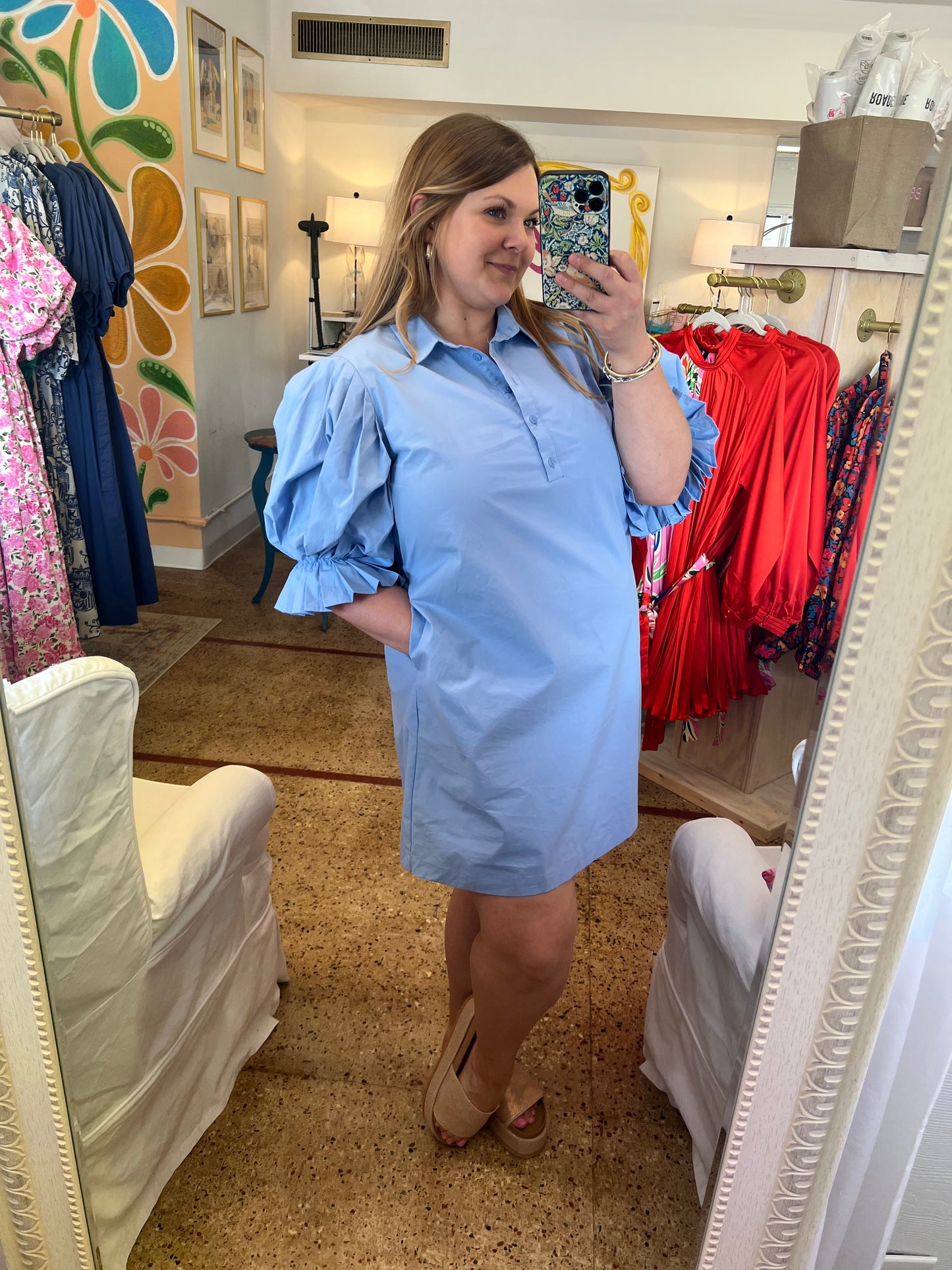 Poplin Pleated Sleeve Shirt Dress