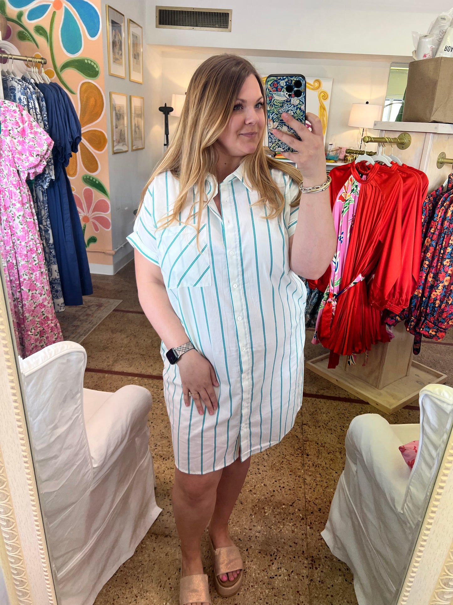Green Stripe Mini Shirt Dress