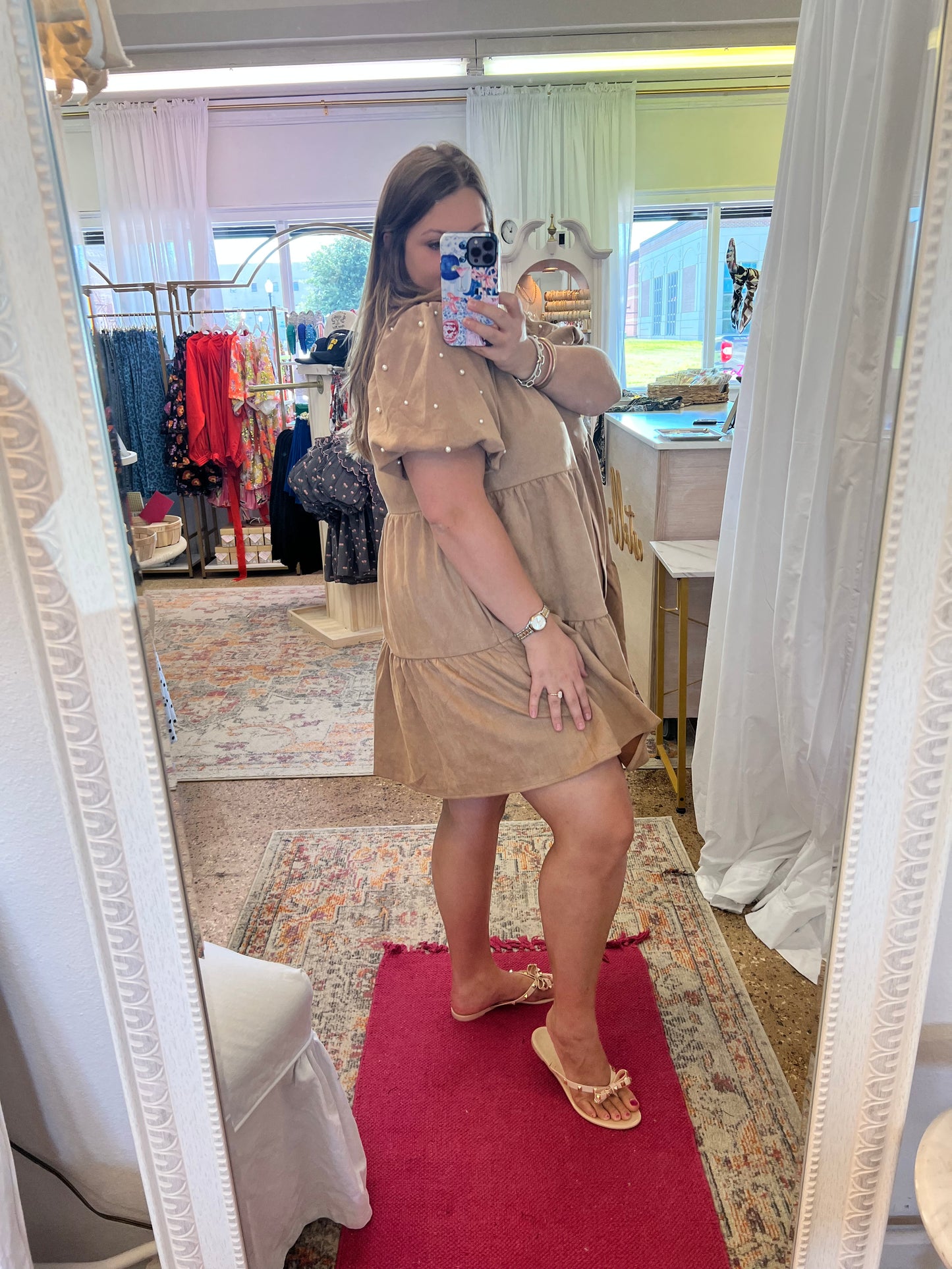 Suede Texture Pearl Sleeve Mini Dress