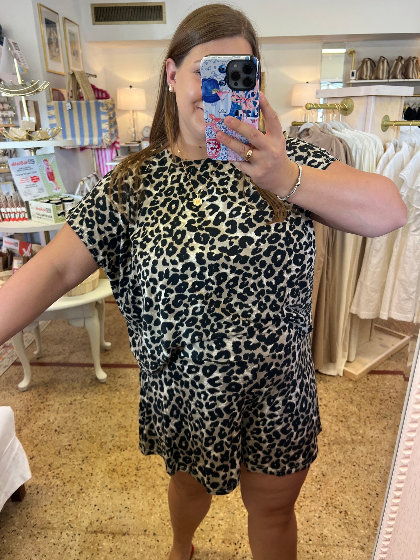 Leopard Knit Top & Flare Shorts Set