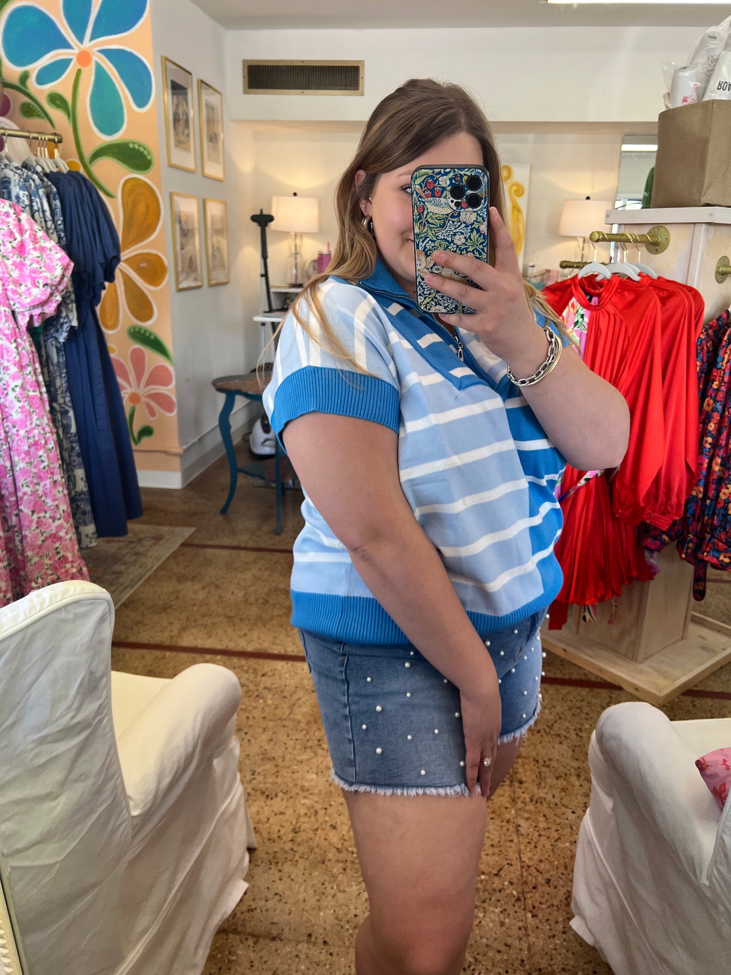 Blue Color Block Half Zip Top