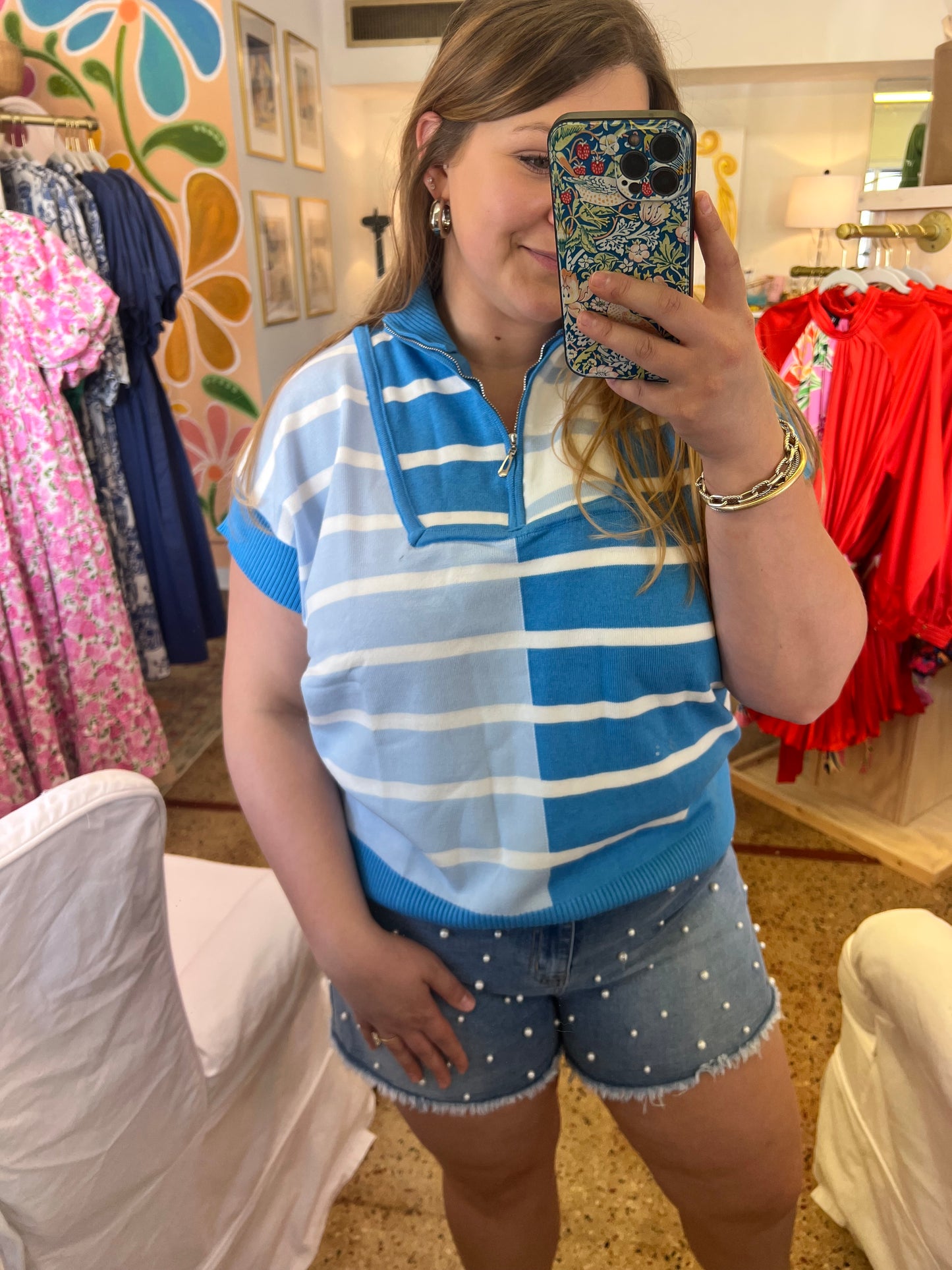 Blue Color Block Half Zip Top