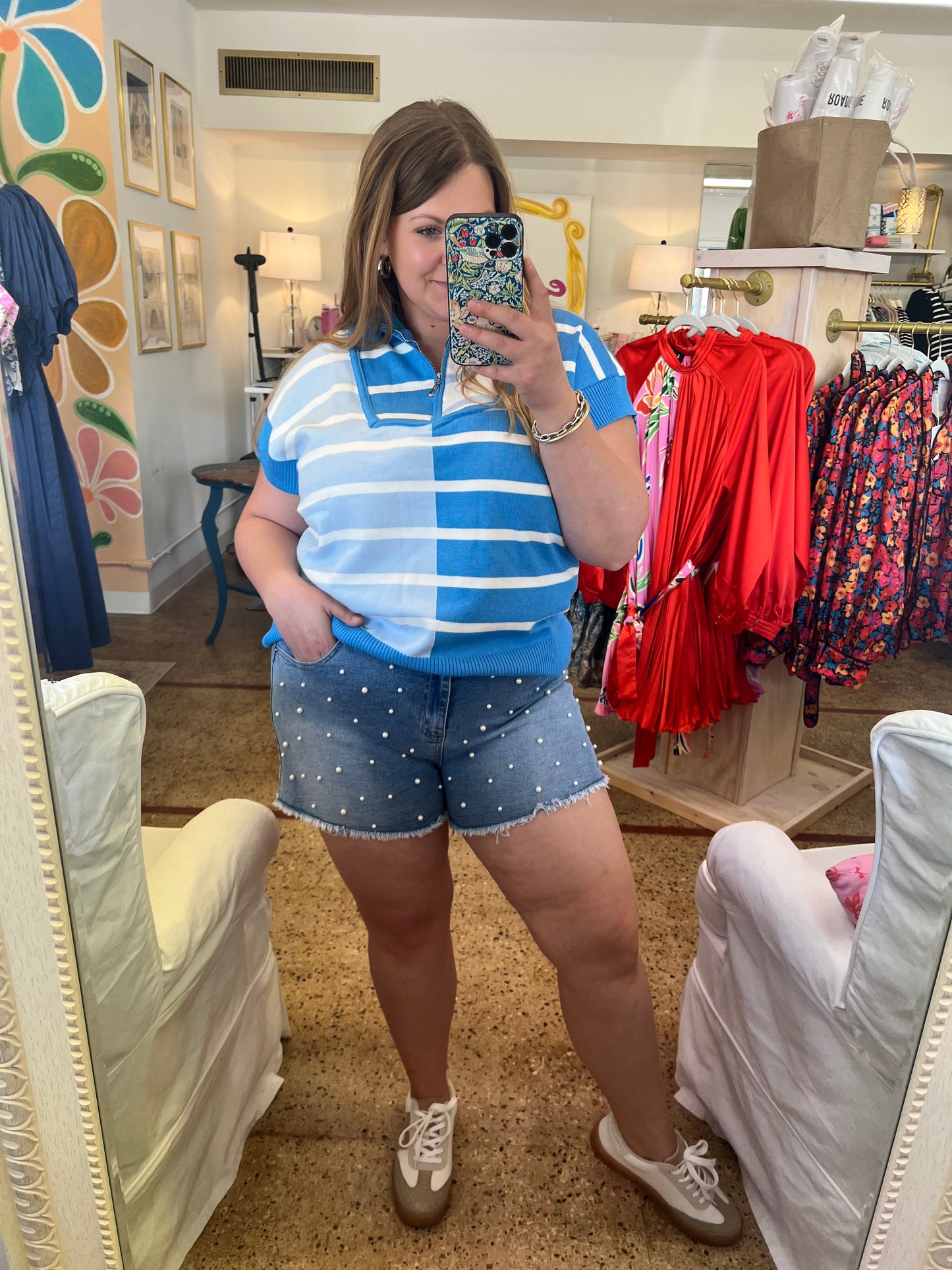 Pearl Beaded Denim Shorts