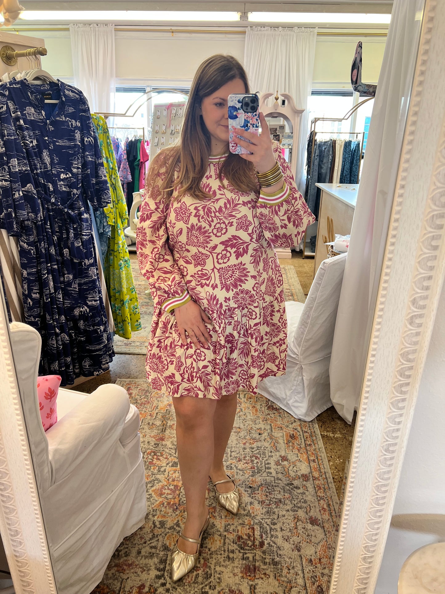 Pink Floral With Contrast Neck Dress