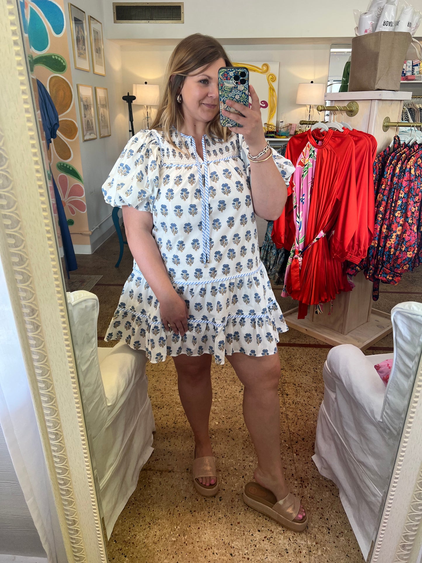 Smocked Yoke Dress Blue Flowers