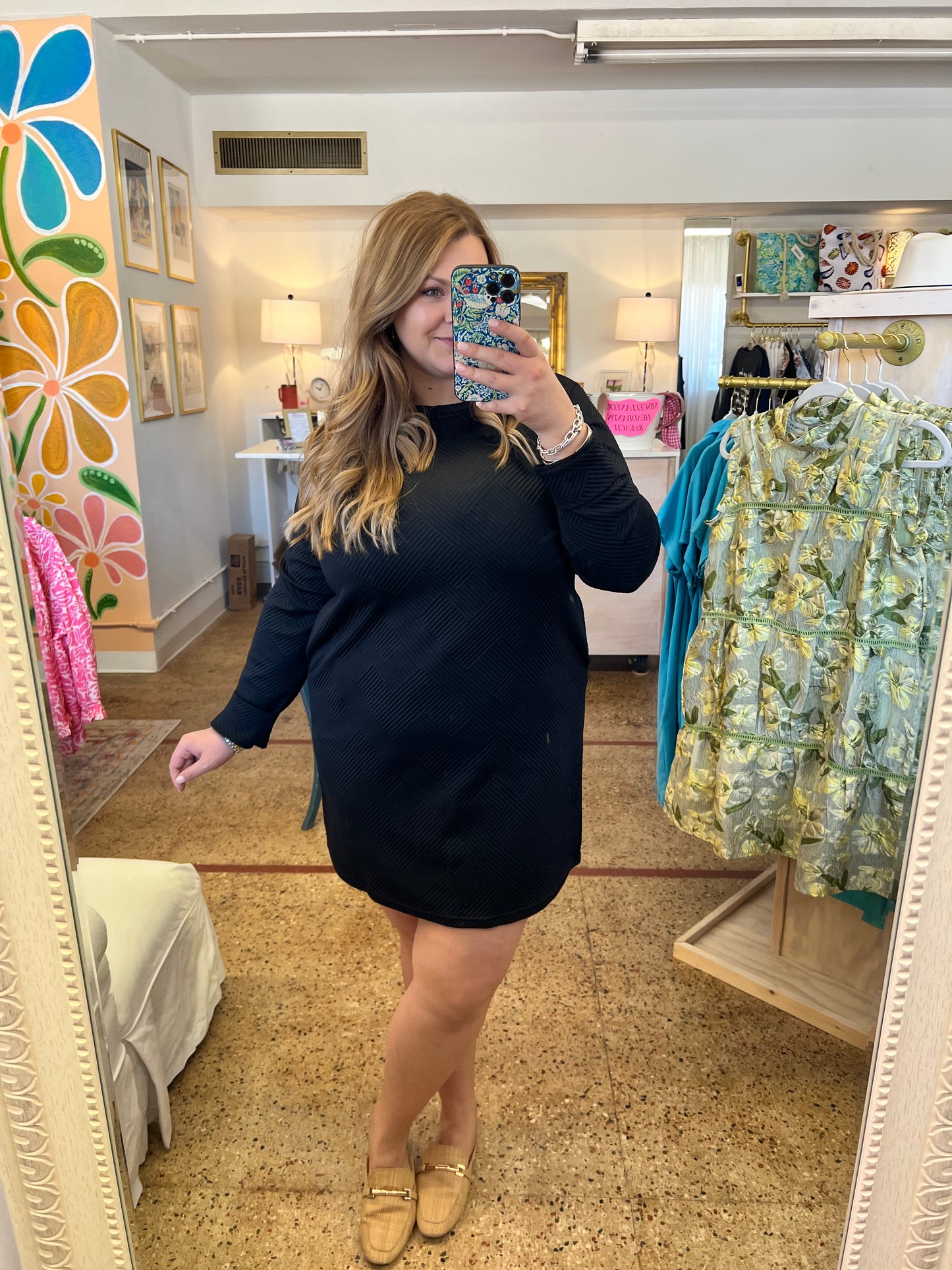 Textured Long Sleeve Shift Dress