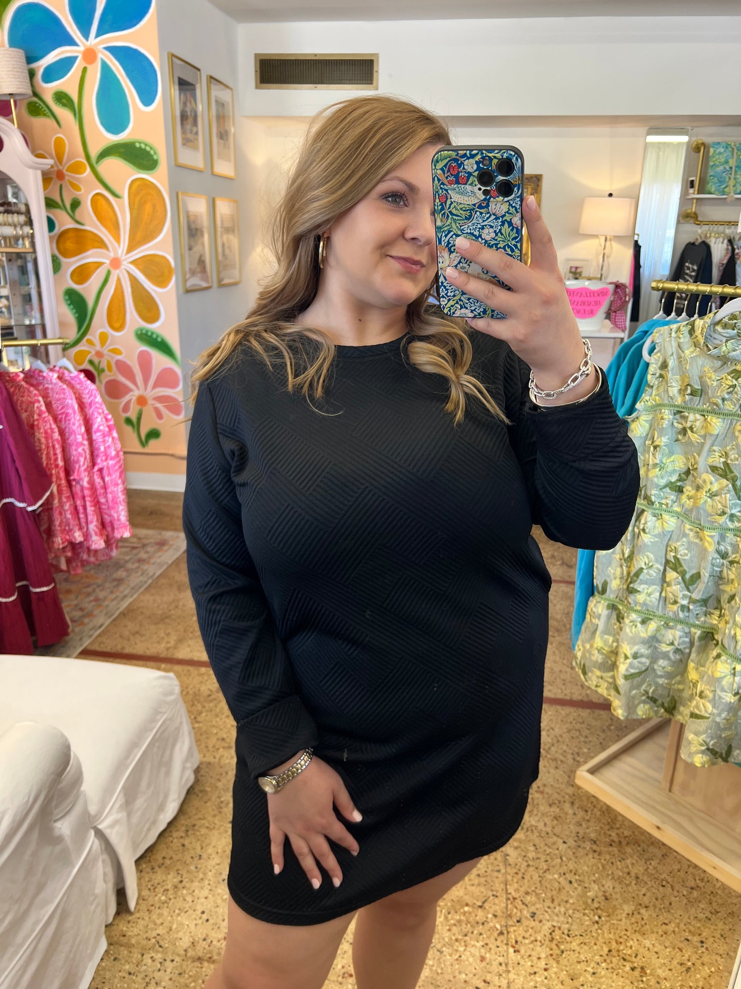Textured Long Sleeve Shift Dress