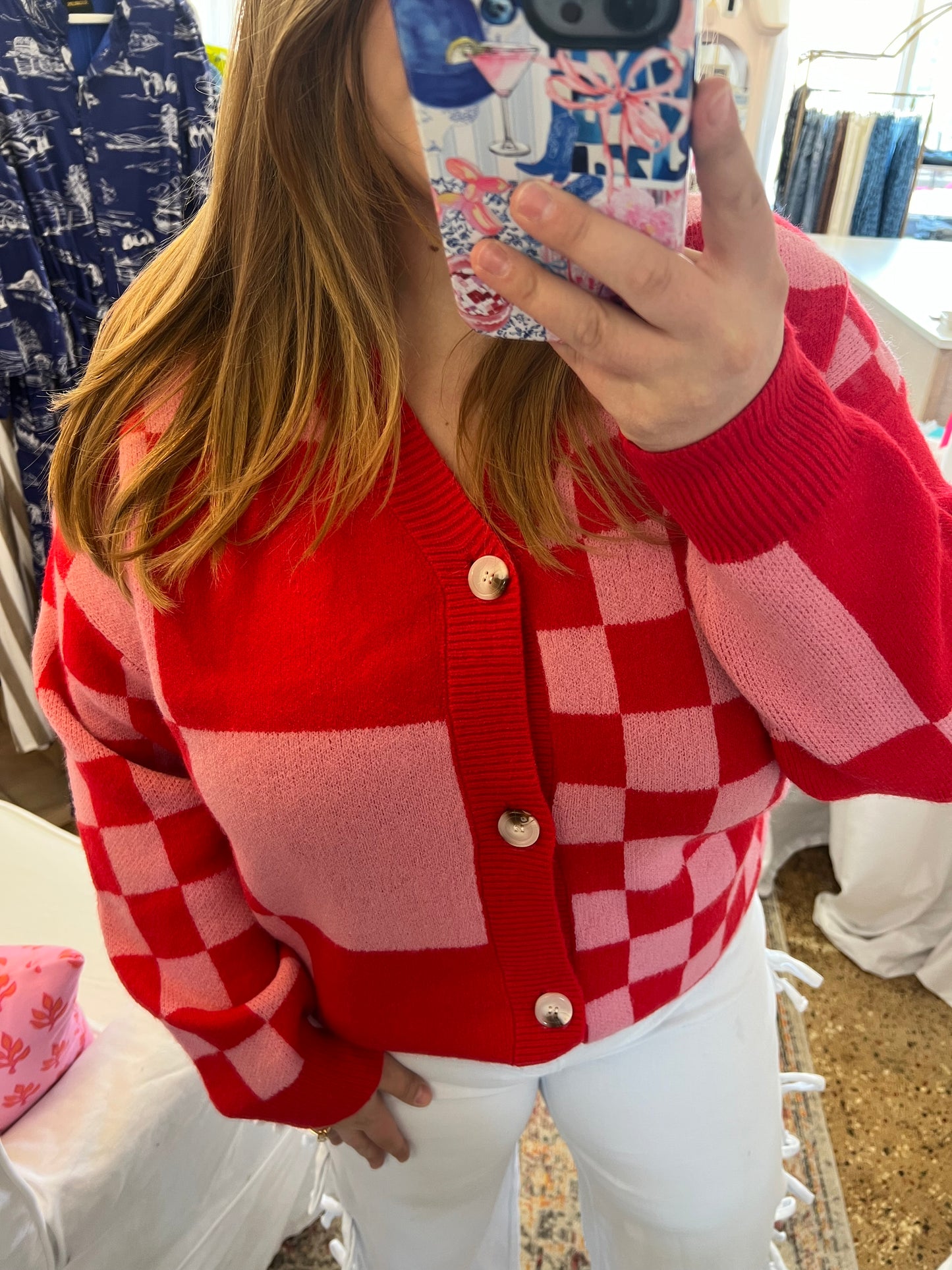 Checkerboard V-Neck Cardigan