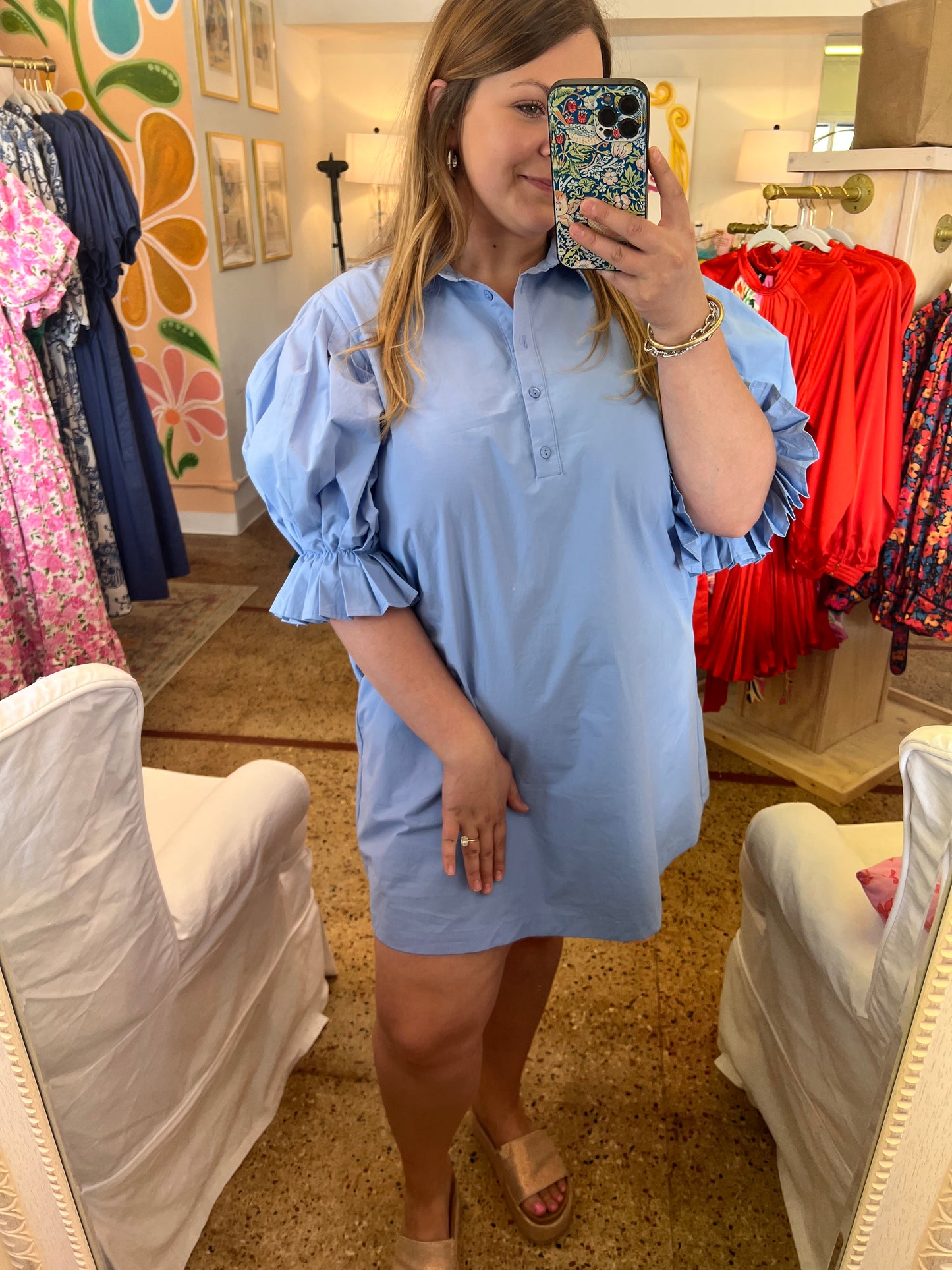 Poplin Pleated Sleeve Shirt Dress