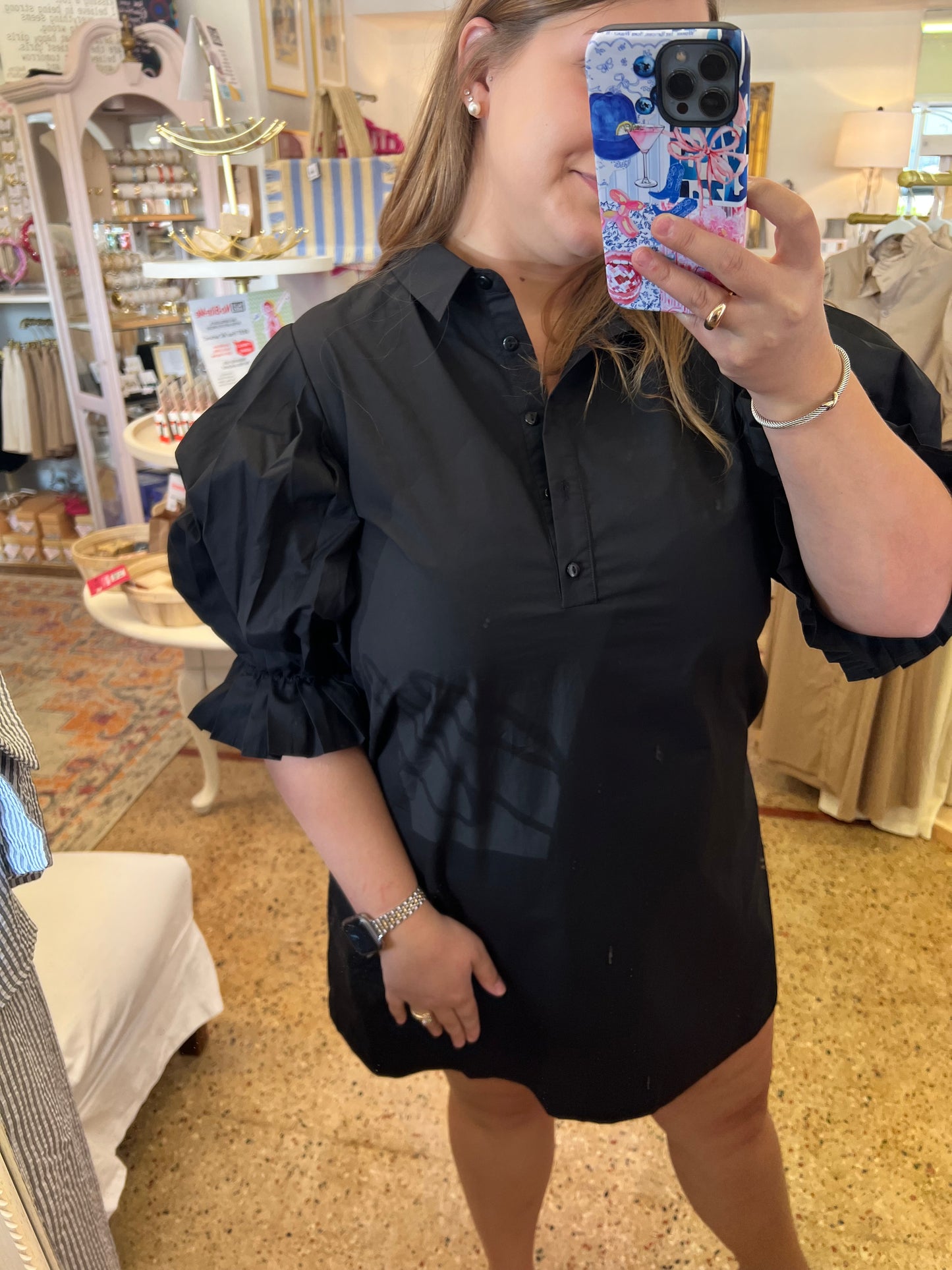 Black Poplin Pleated Sleeve Shirt Dress