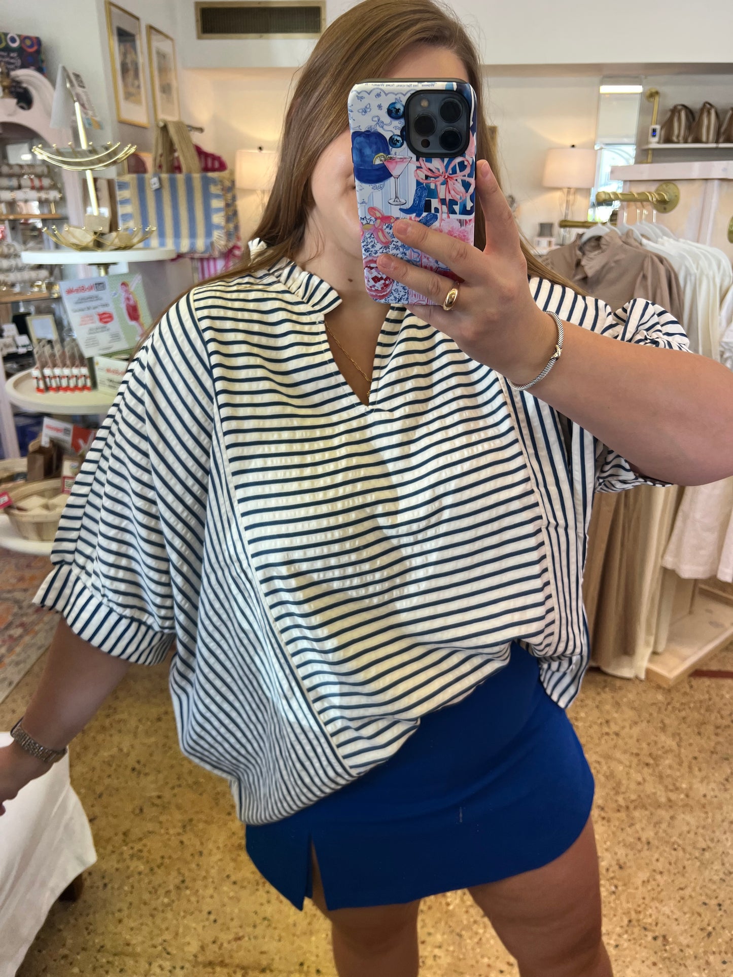 Stripe Ruffle Neck Blouse