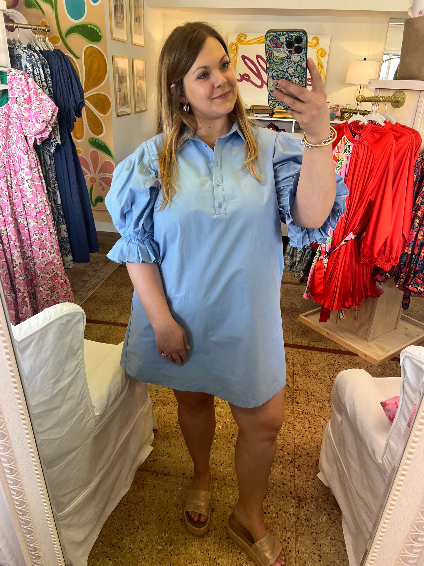 Poplin Pleated Sleeve Shirt Dress