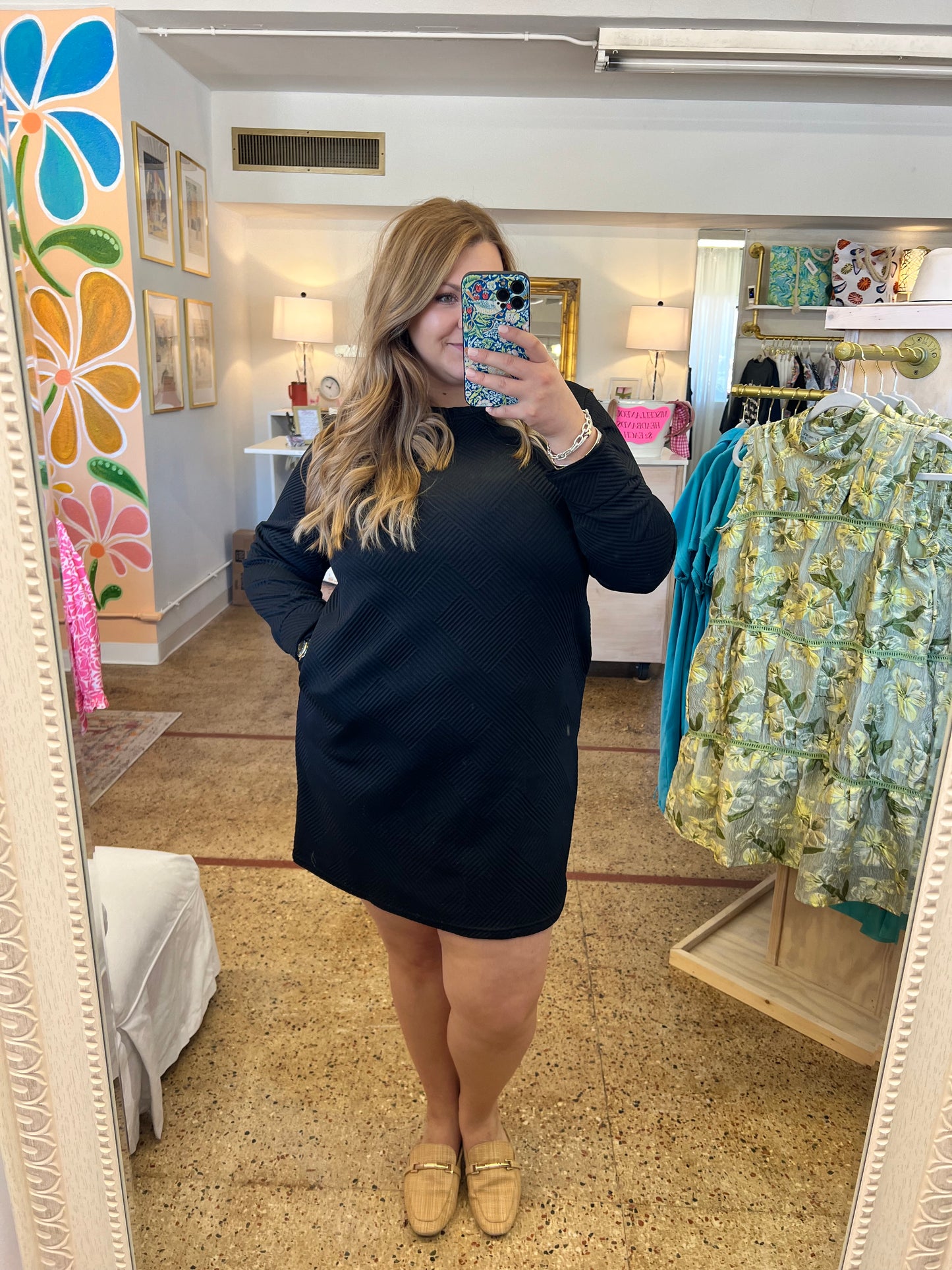 Textured Long Sleeve Shift Dress