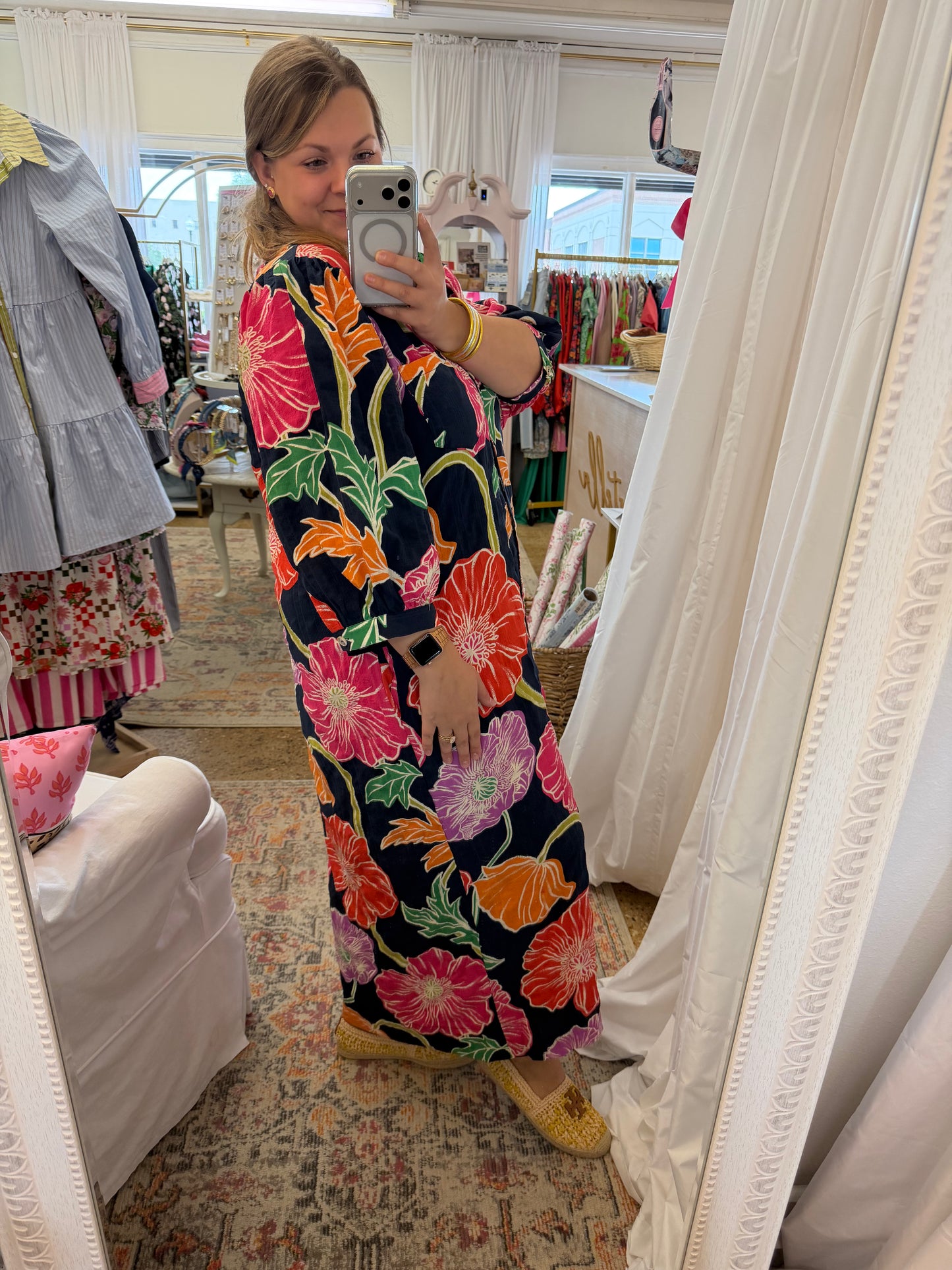 Navy Floral Button Midi Dress