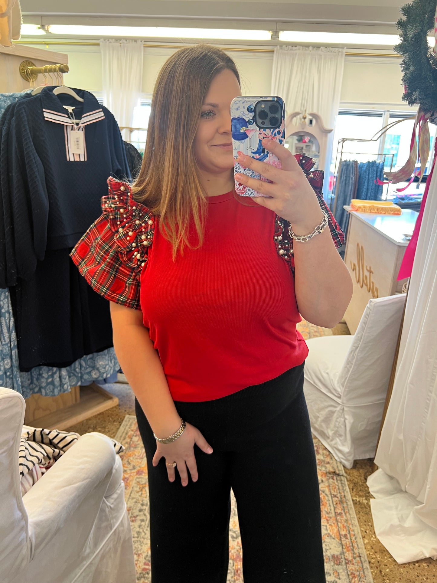 Plaid Pearl Ruffle Tee