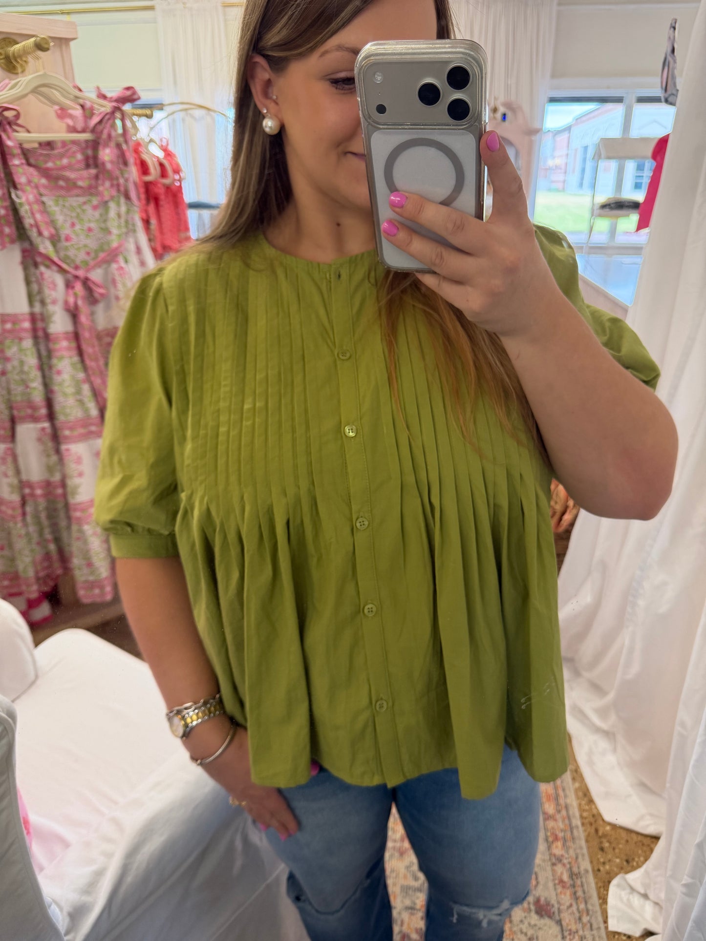 Cotton Pin-Tuck Olive Blouse