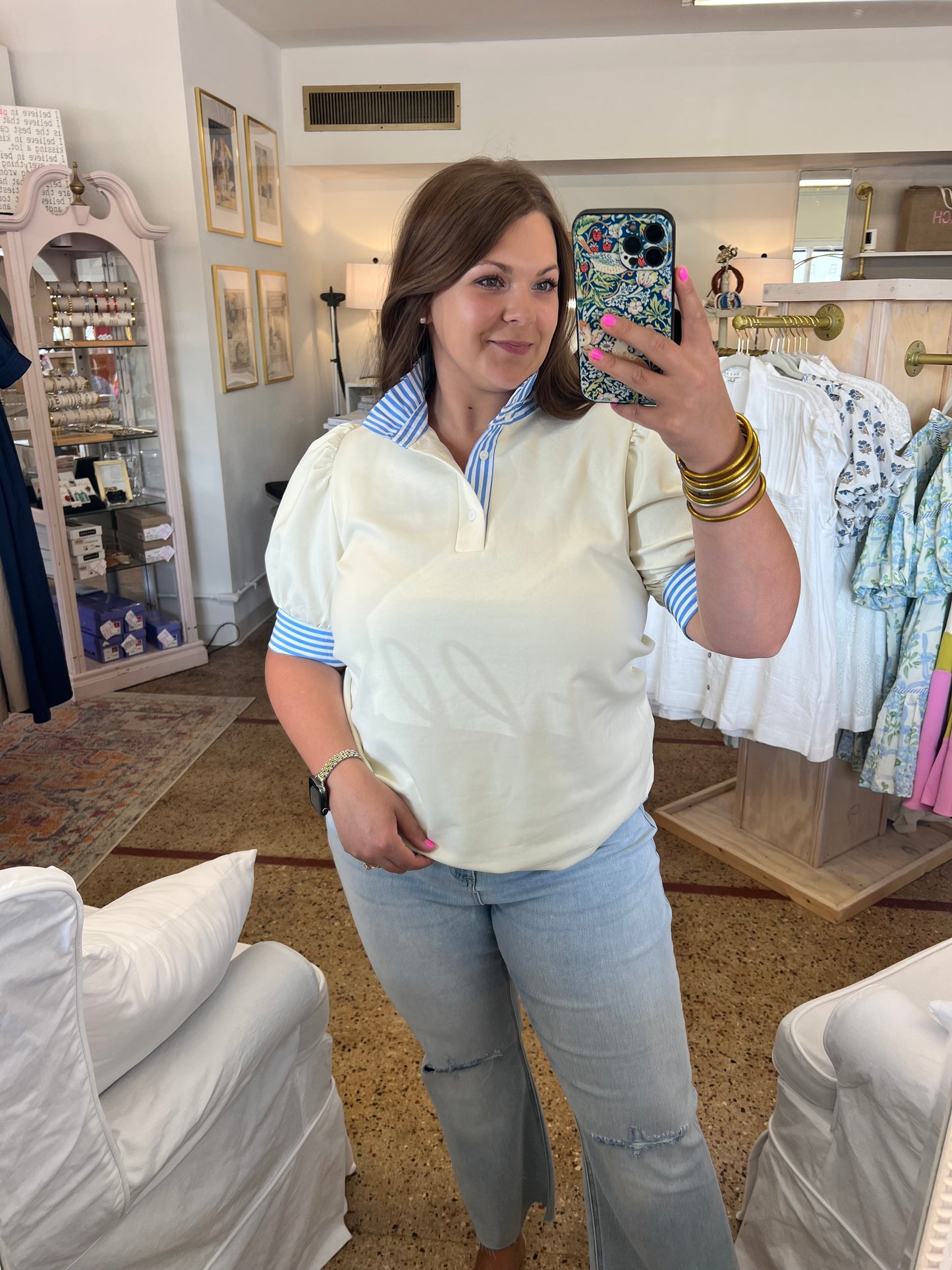 Cream & Stripe Polo Top