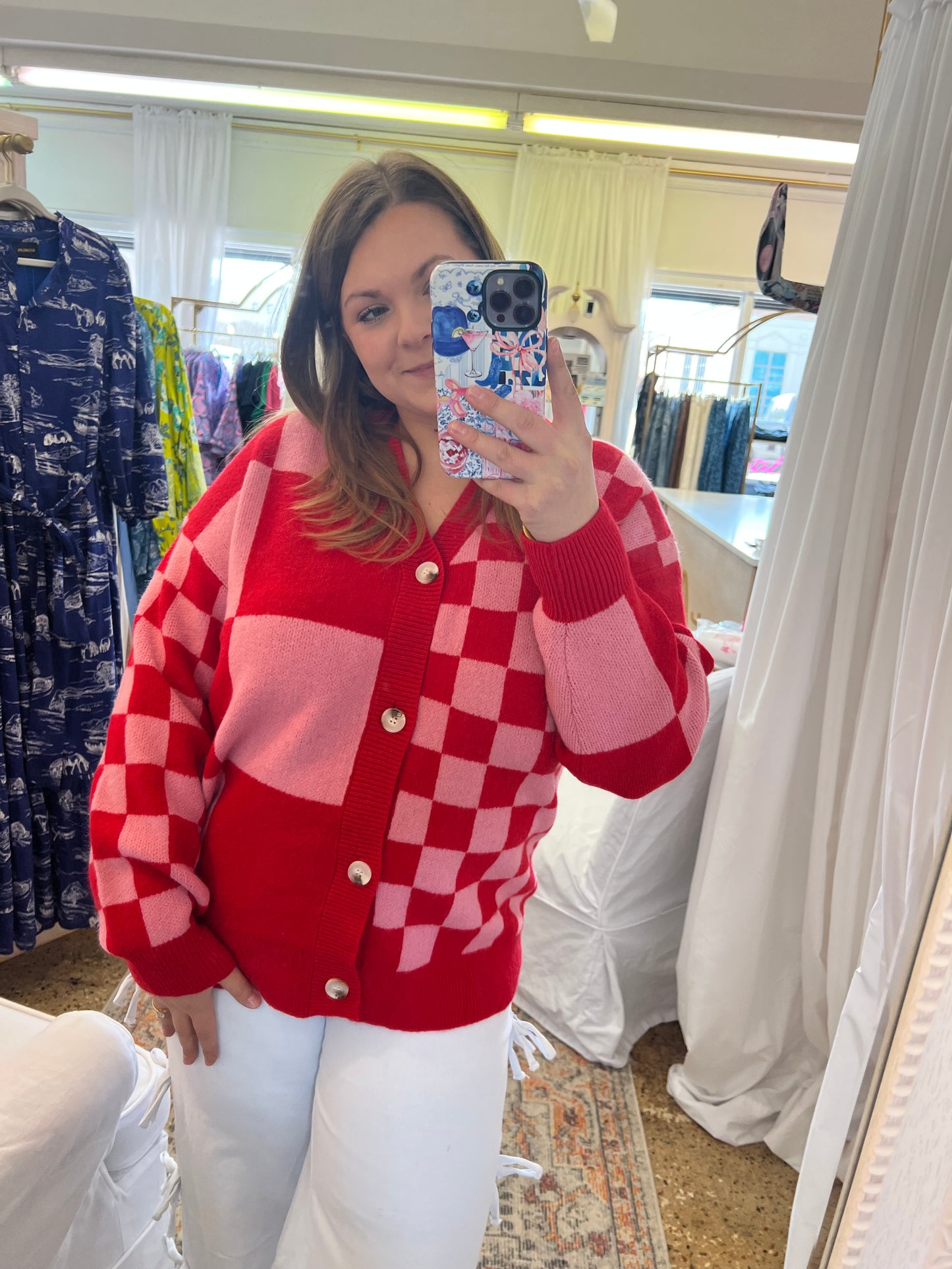 Checkerboard V-Neck Cardigan