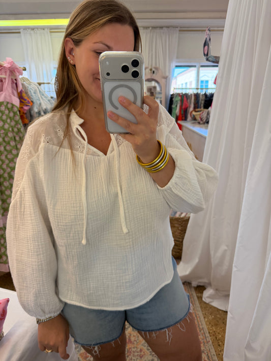 Eyelet Contrast Gauze Blouse