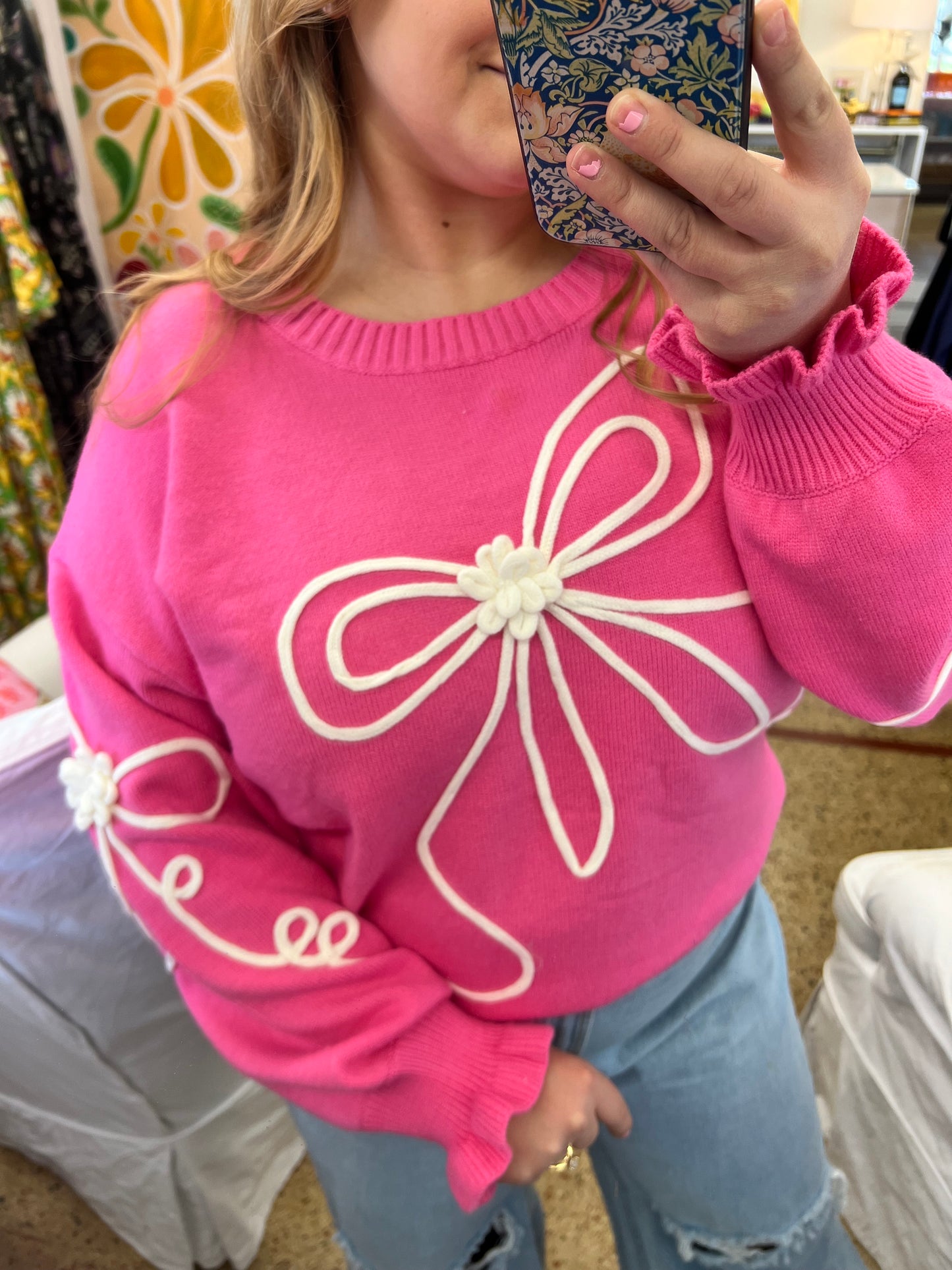 Hot Pink Corded Bow Sweater