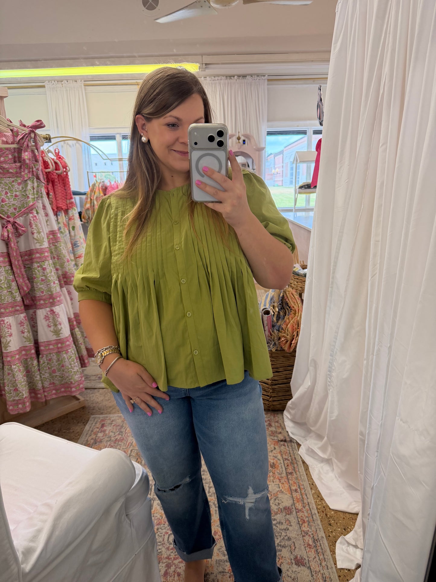 Cotton Pin-Tuck Olive Blouse