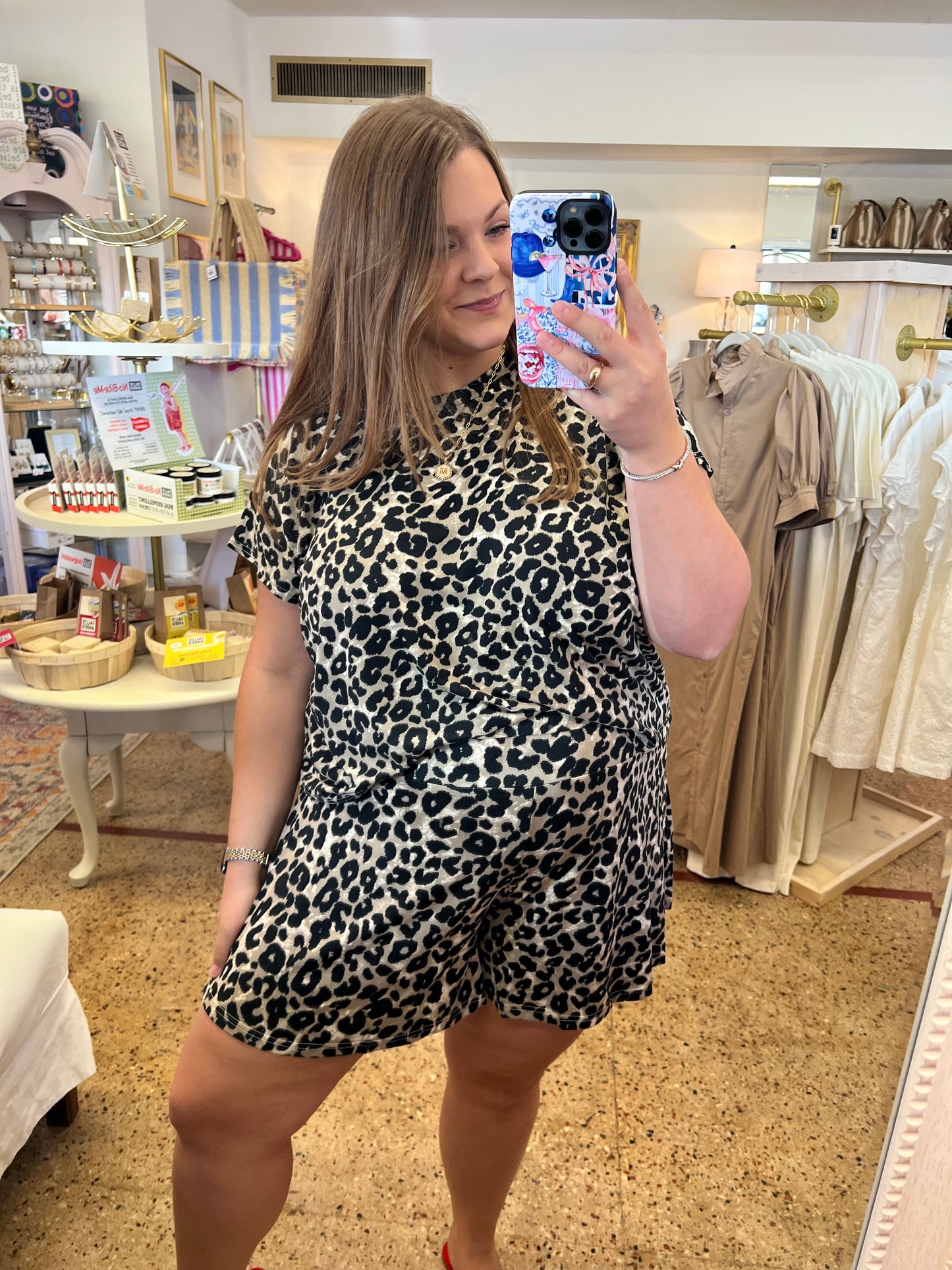 Leopard Knit Top & Flare Shorts Set