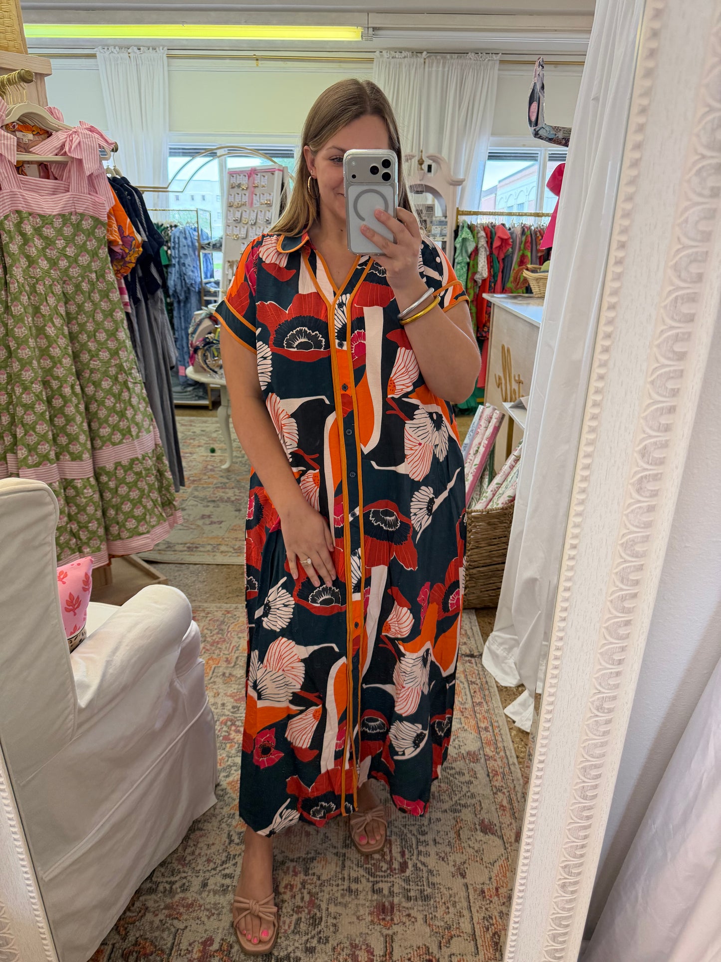 Button Down Geo Floral Midi Dress