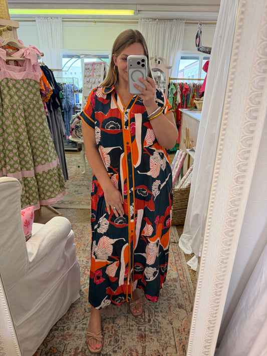 Button Down Geo Floral Midi Dress