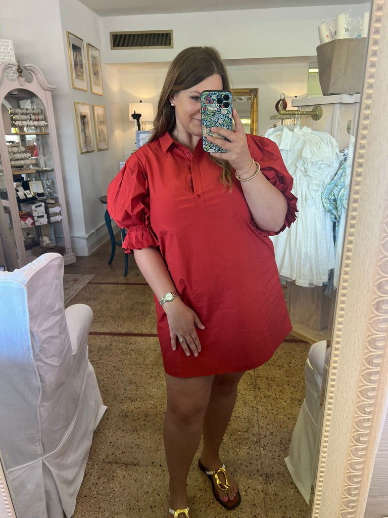 Cherry Red Poplin Pleated Sleeve Shirt Dress