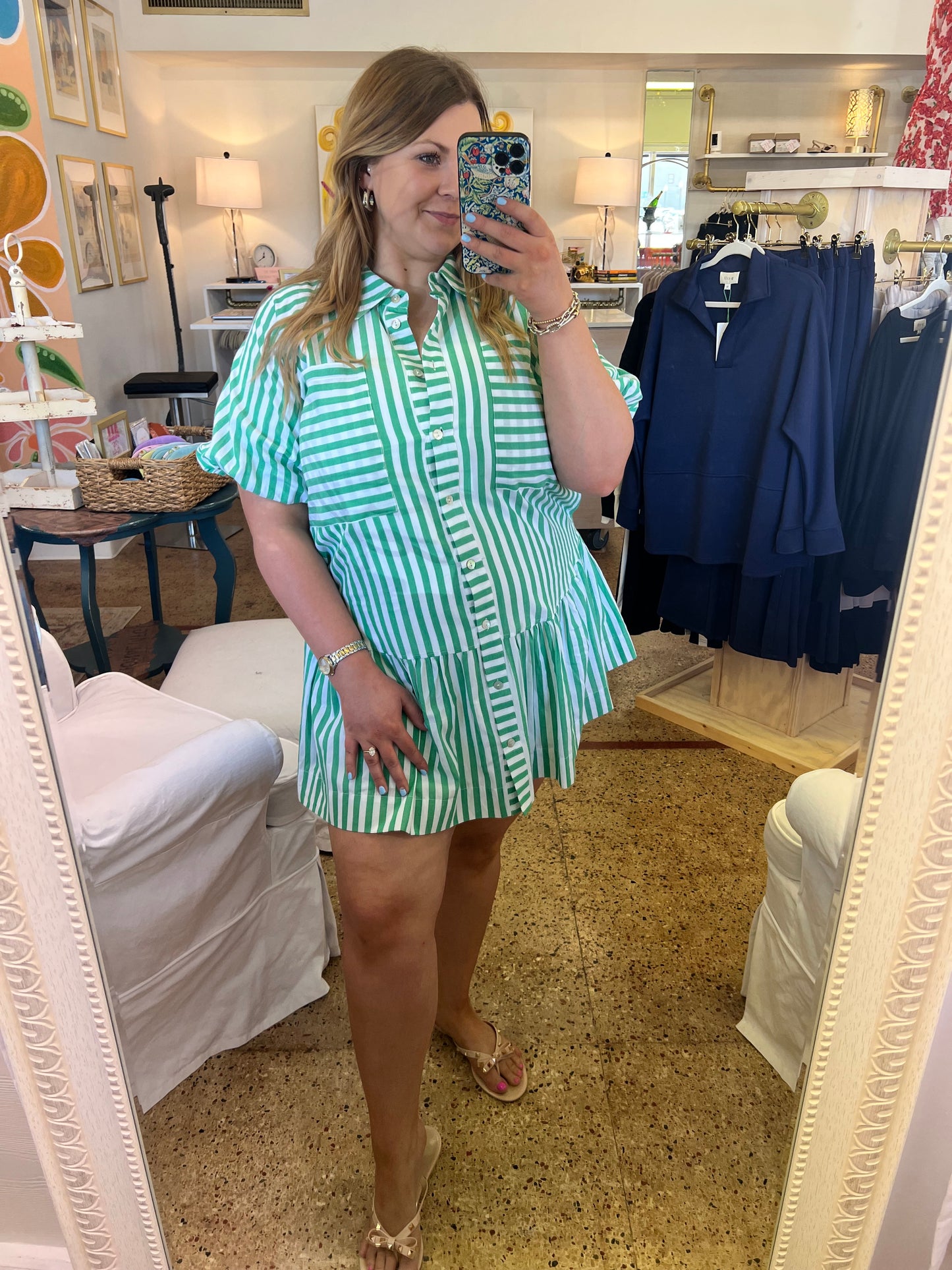 Stripe Button Down Mini Dress-Green