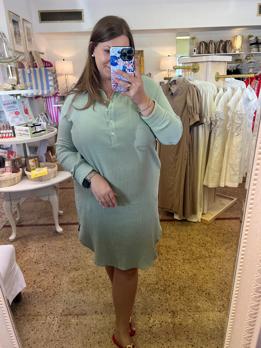 Sage Gauze Button Up Shirt Dress