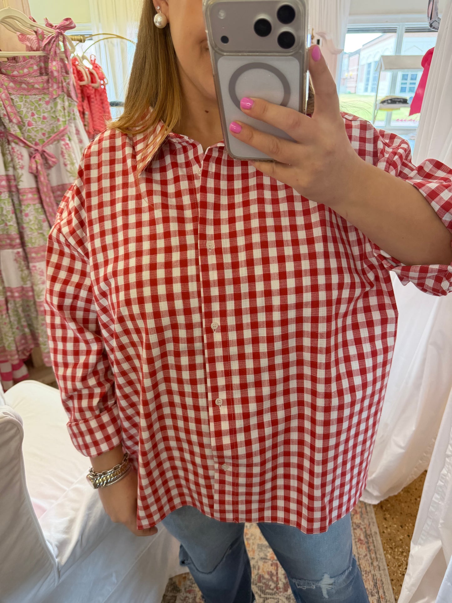 Linen Blend Gingham Button Up-Red