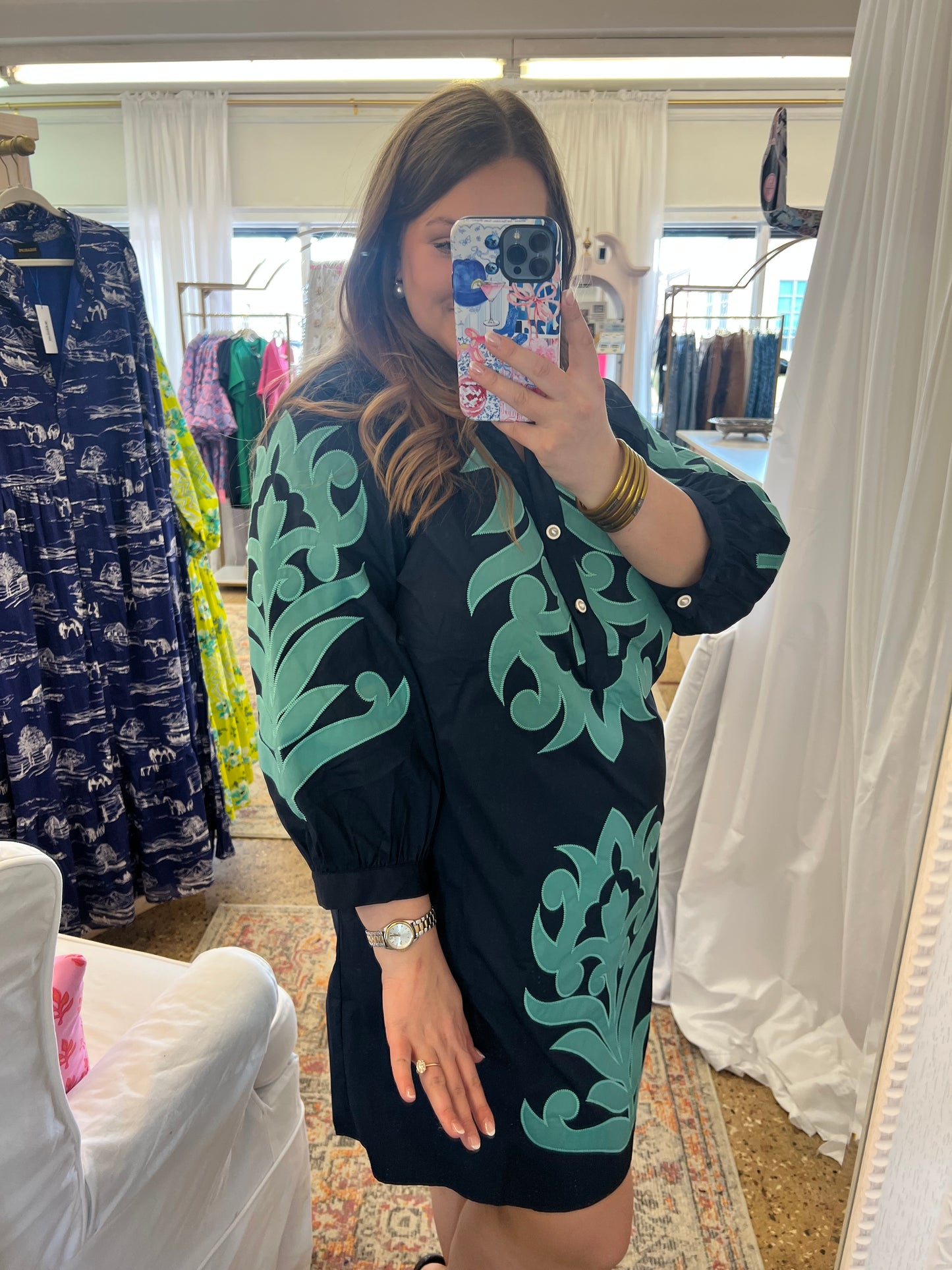 Baroque Floral Applique Dress-Navy