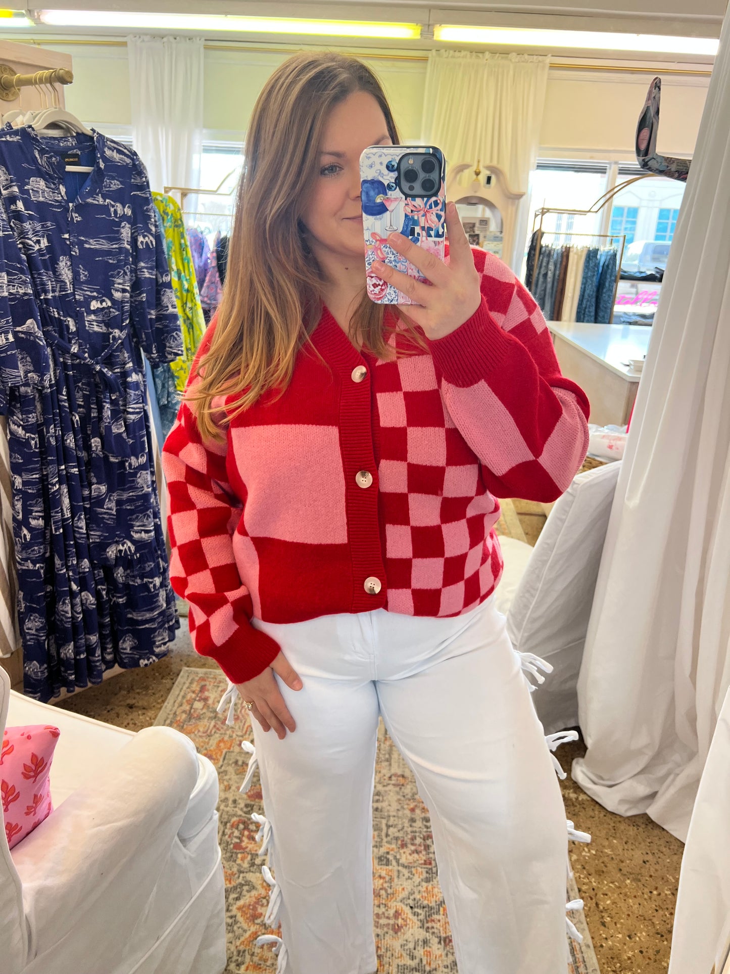 Checkerboard V-Neck Cardigan