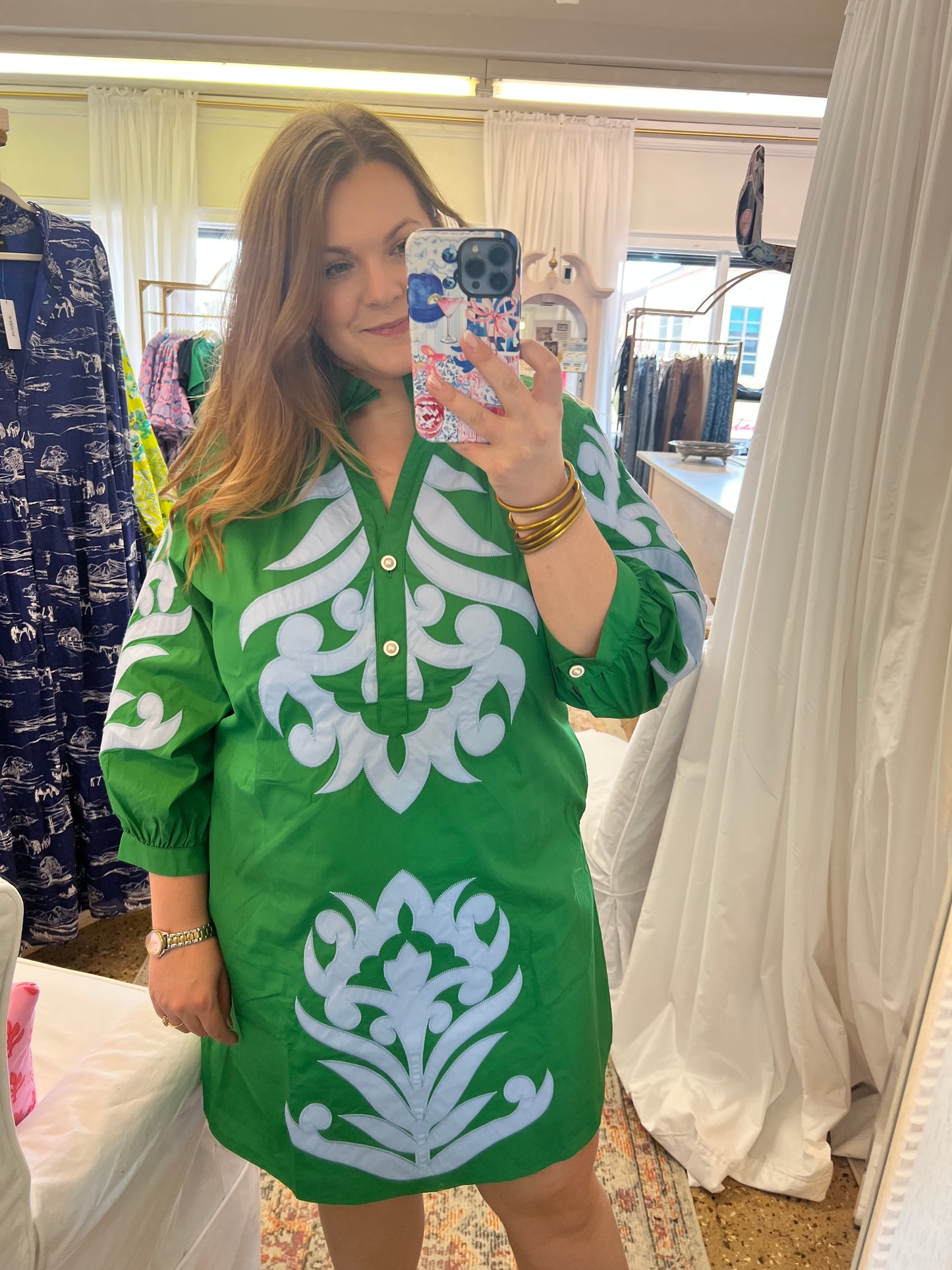 Baroque Floral Applique Dress-Kelly Green