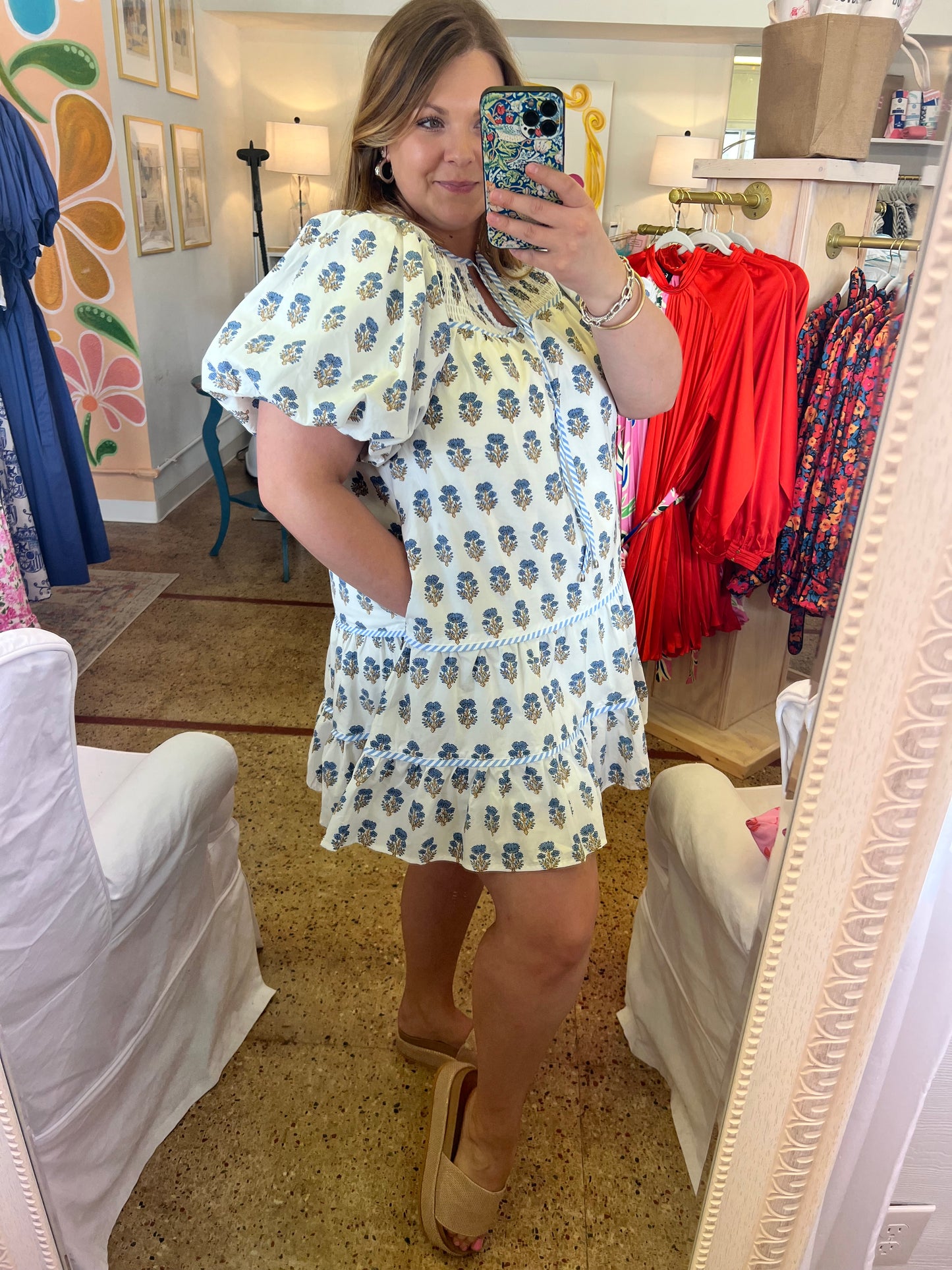 Smocked Yoke Dress Blue Flowers