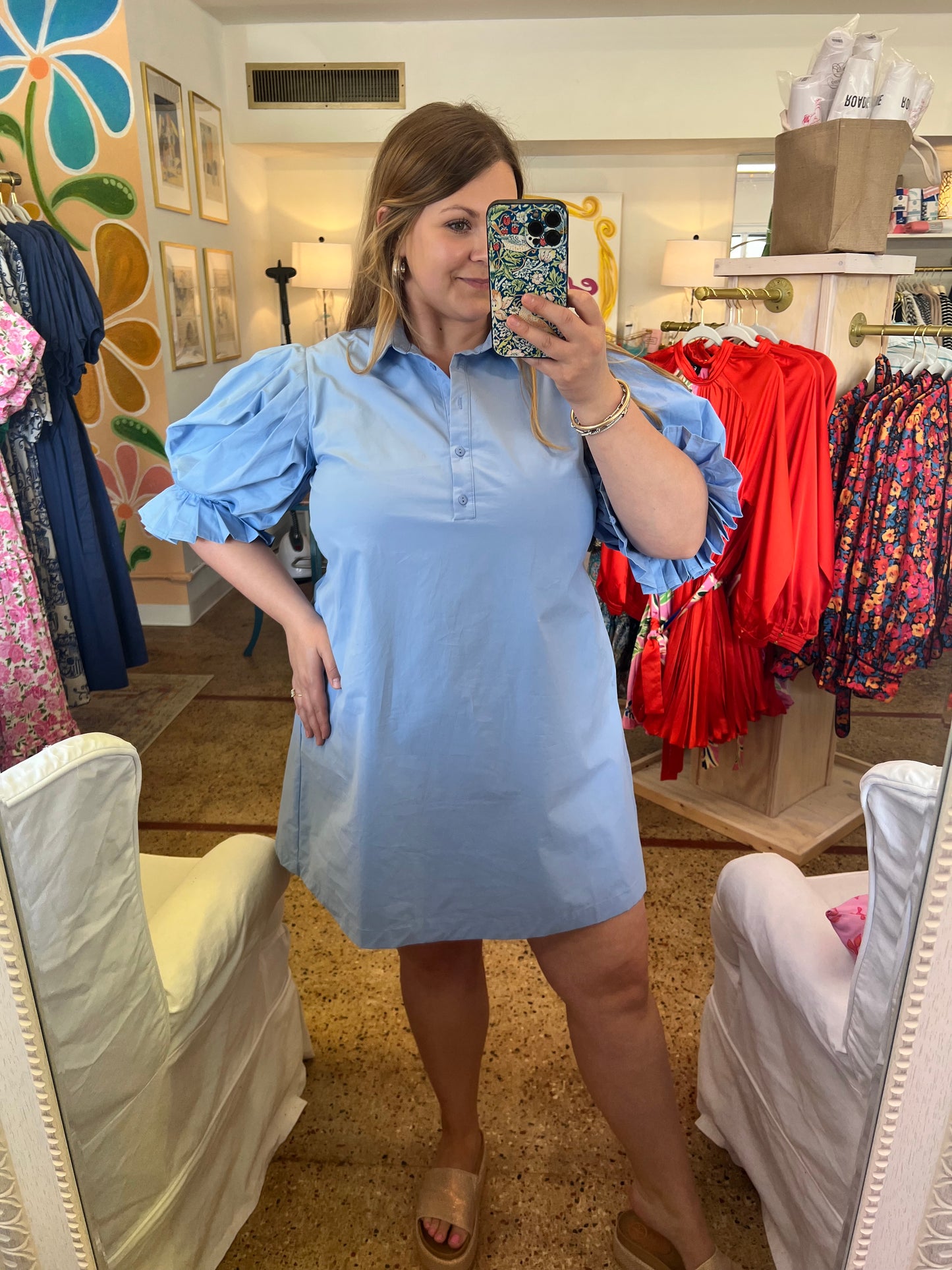 Poplin Pleated Sleeve Shirt Dress