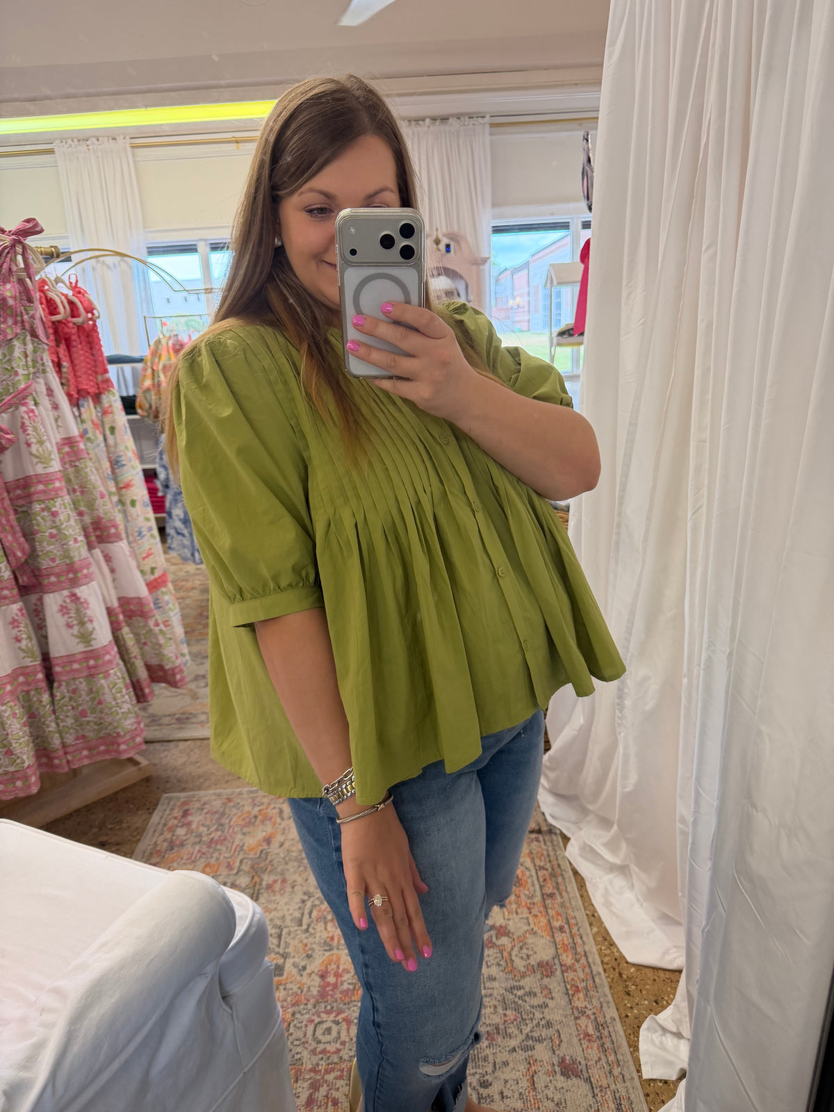 Cotton Pin-Tuck Olive Blouse