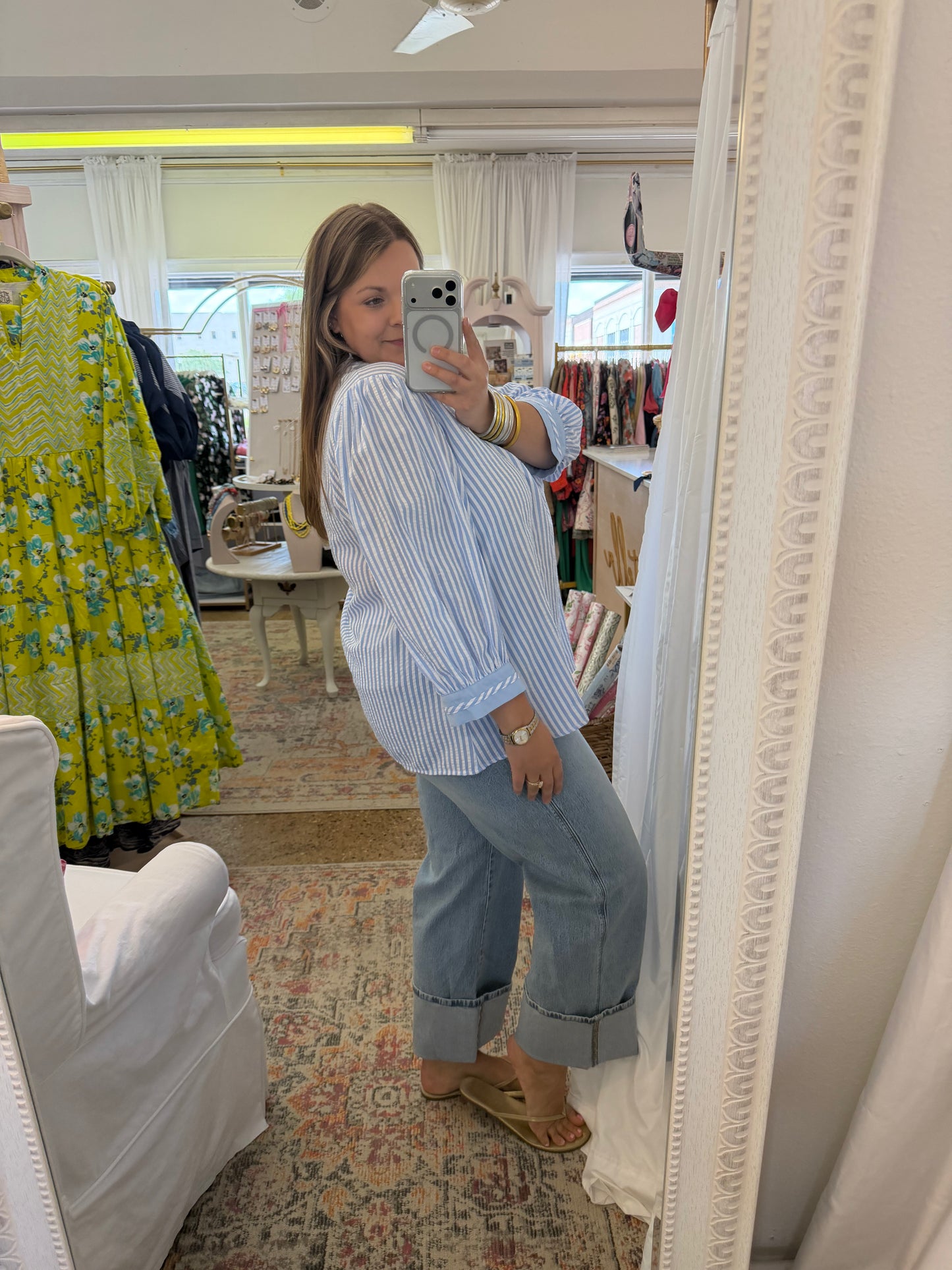 Seersucker Ruffle Neck Blouse