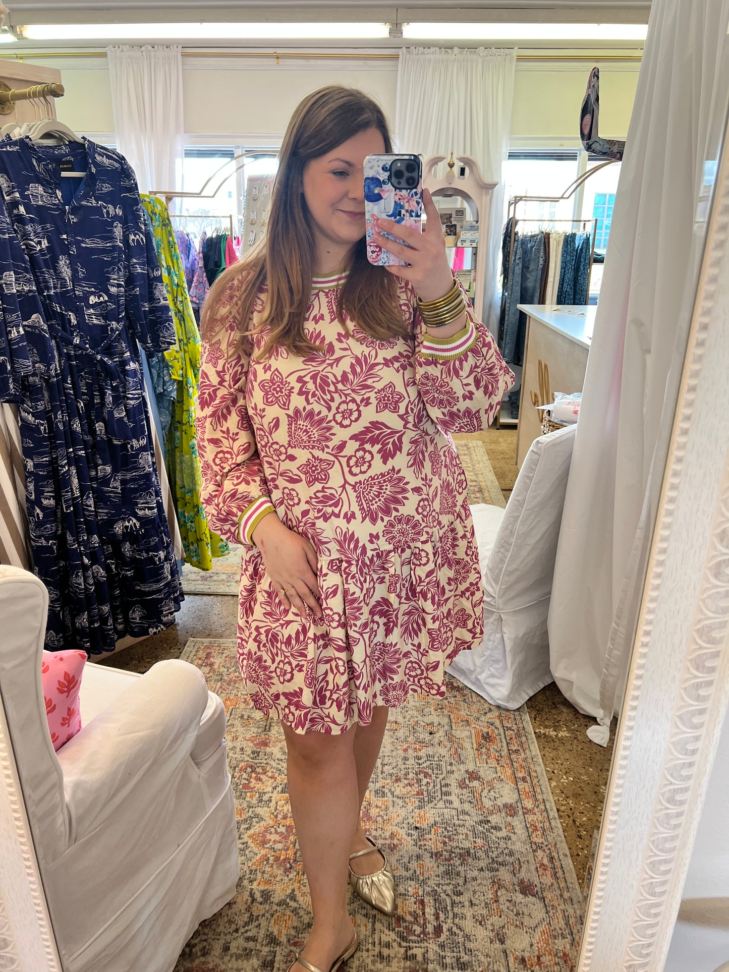 Pink Floral With Contrast Neck Dress
