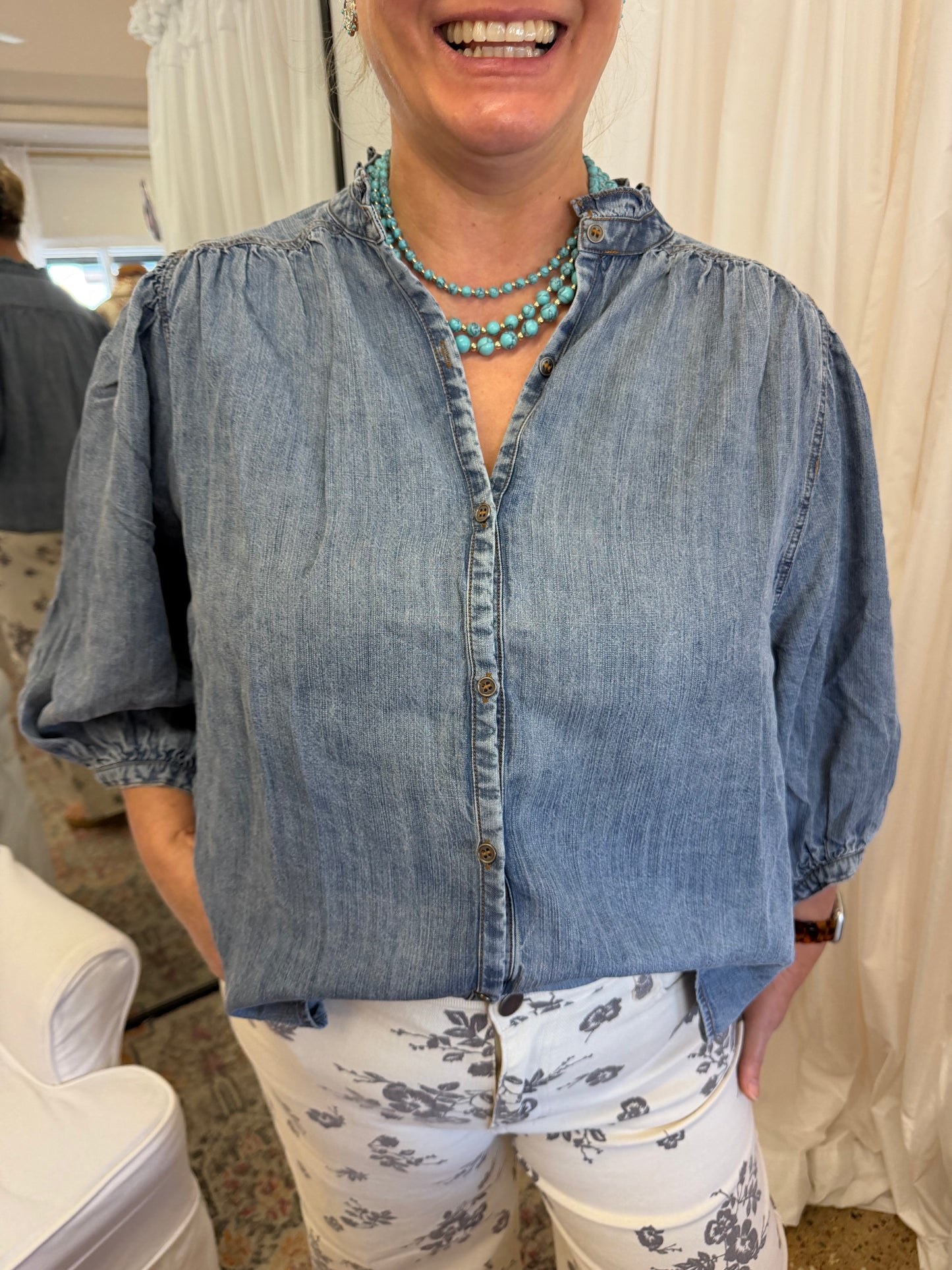 Ruffle Neck Chambray Blouse