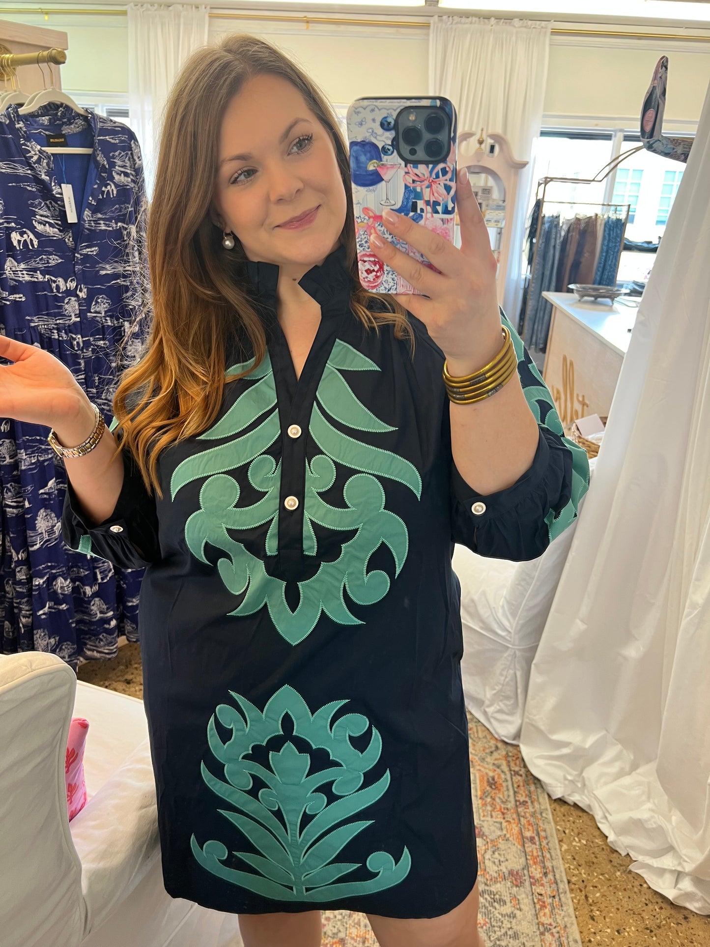 Baroque Floral Applique Dress-Navy