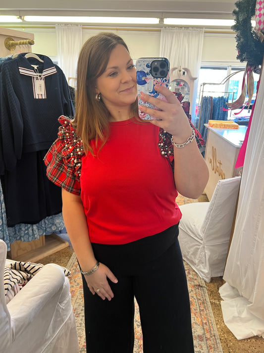 Plaid Pearl Ruffle Tee
