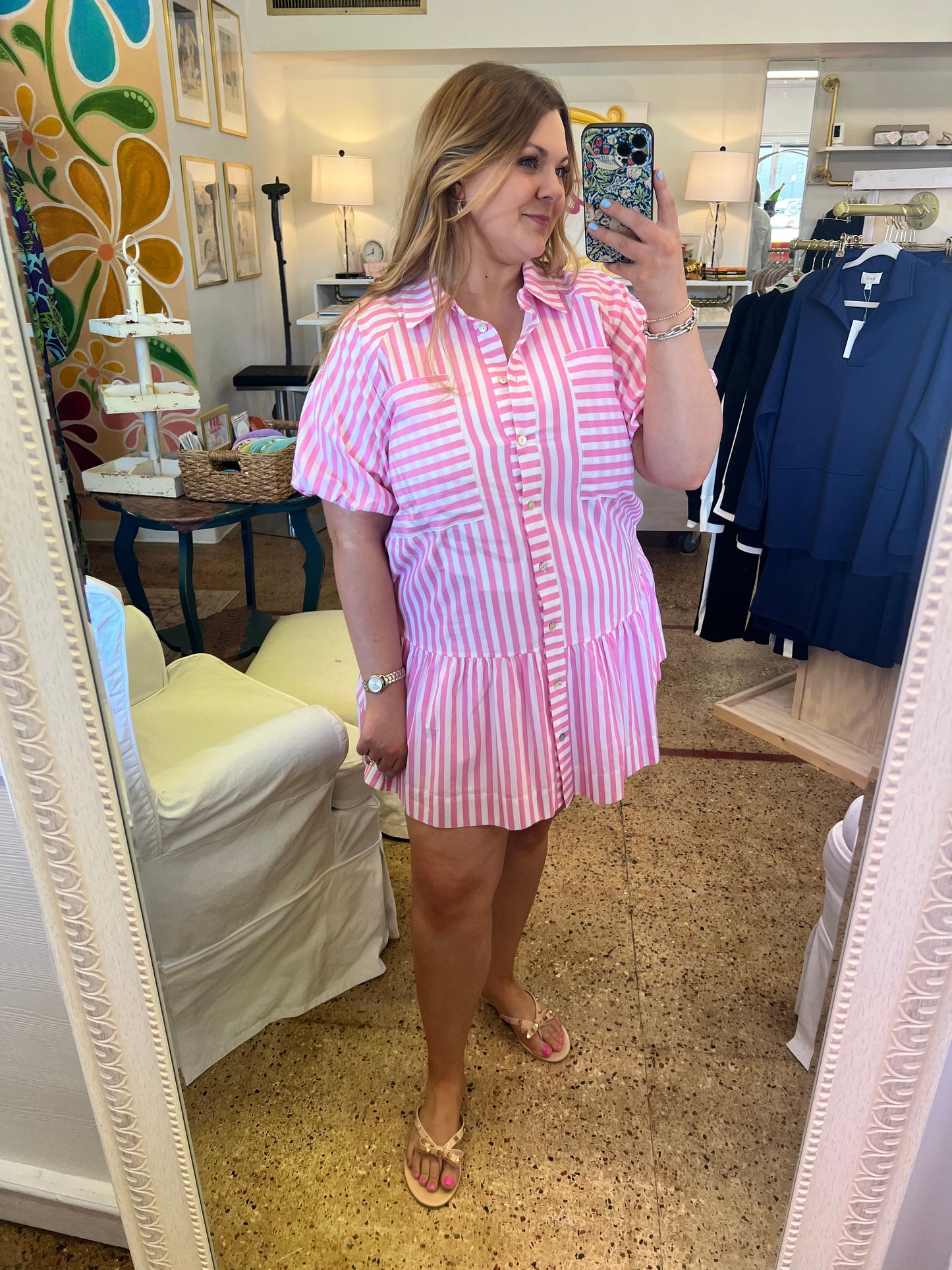 Stripe Button Down Mini Dress-Pink