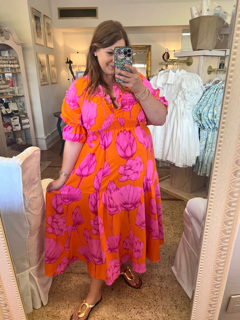 M-Pink & Orange Ruffle Maxi Dress